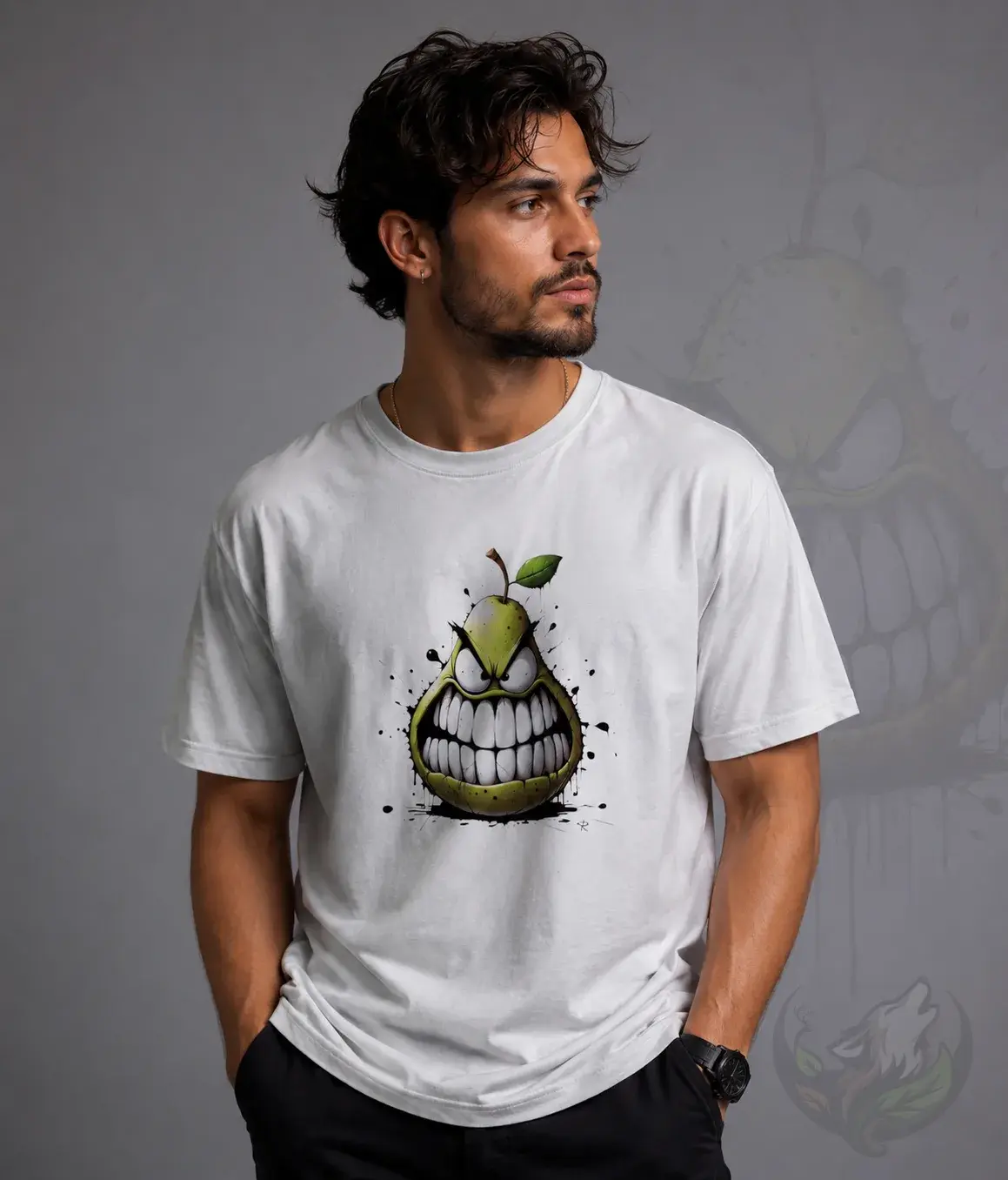 White unisex graffiti angry pear shirt worn by male model with clean studio pose and edgy fruit design