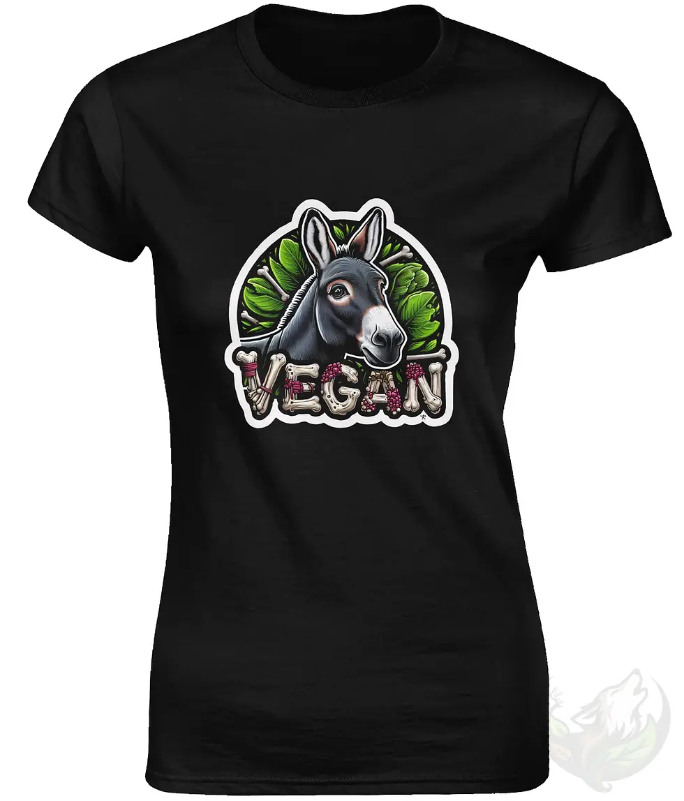 Thumbnail: Fitted black women’s shirt featuring the “Donkey” Dark Side vegan design, shown as a product image.
