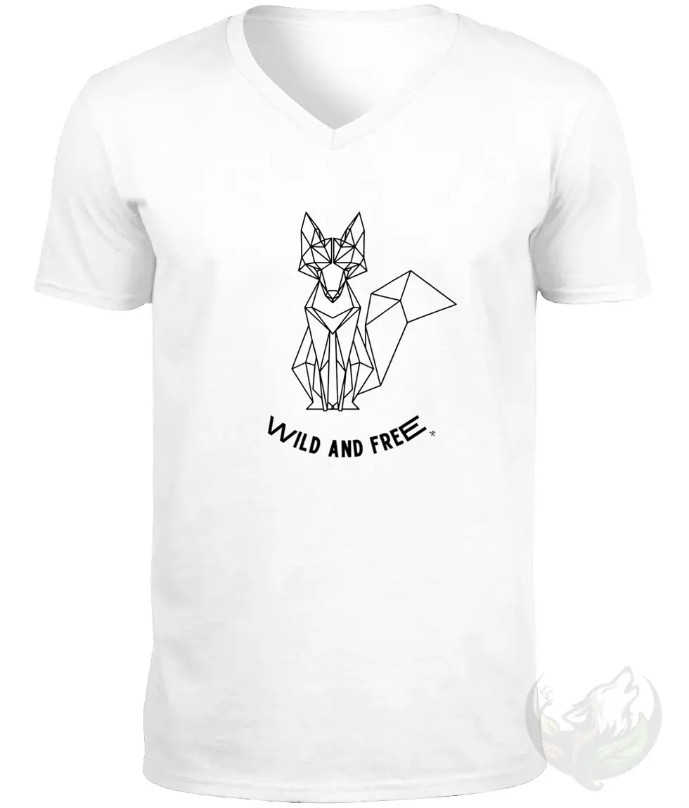 Thumbnail: White V-neck t-shirt flat lay with geometric sitting fox and "Wild and Free" text.