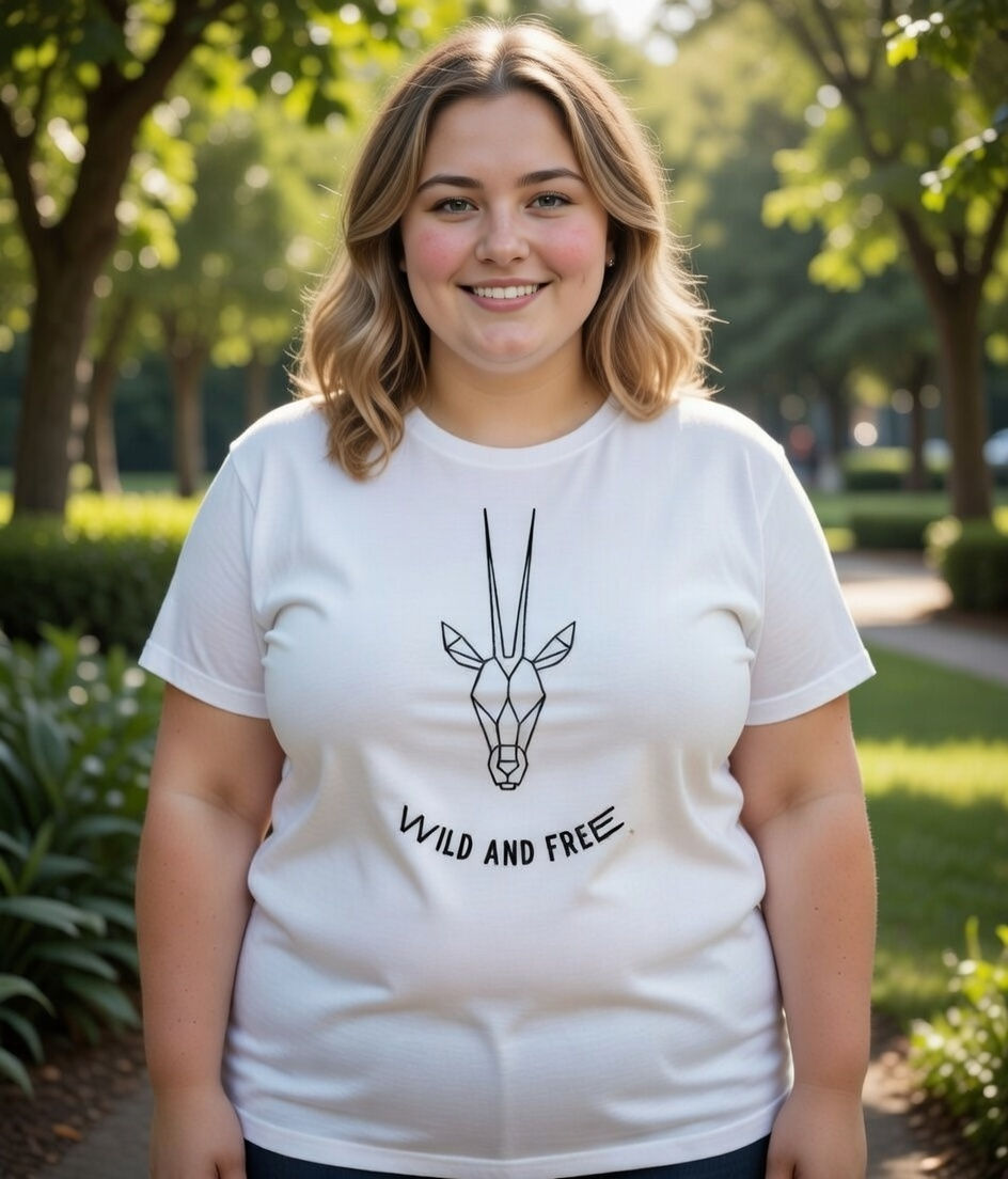 plus size wild and free antelope lifestyle – white shirt with geometric antelope line art and wild and free text in a green p