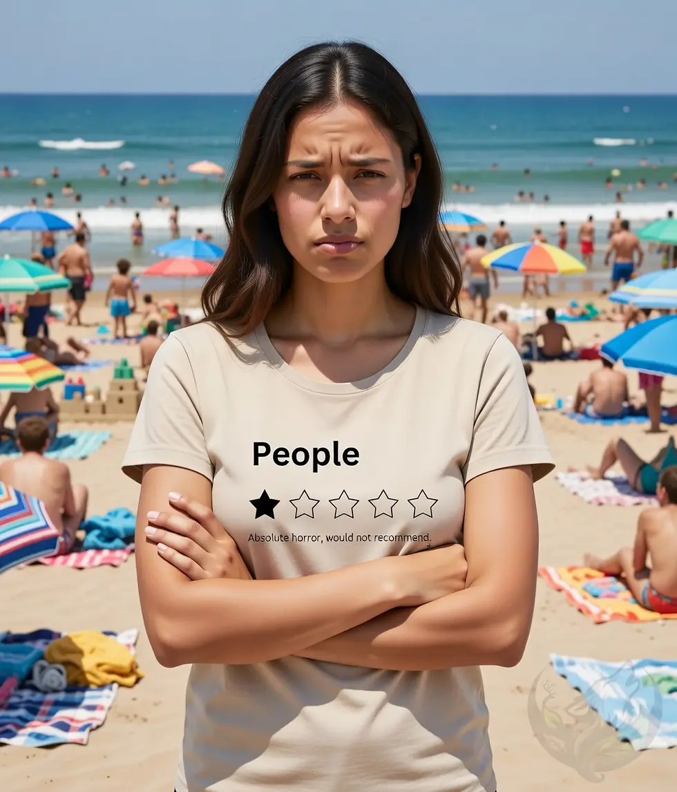 Thumbnail: Scoop neck natural t‑shirt with one‑star People Ratings design, worn on a busy, colorful beach.