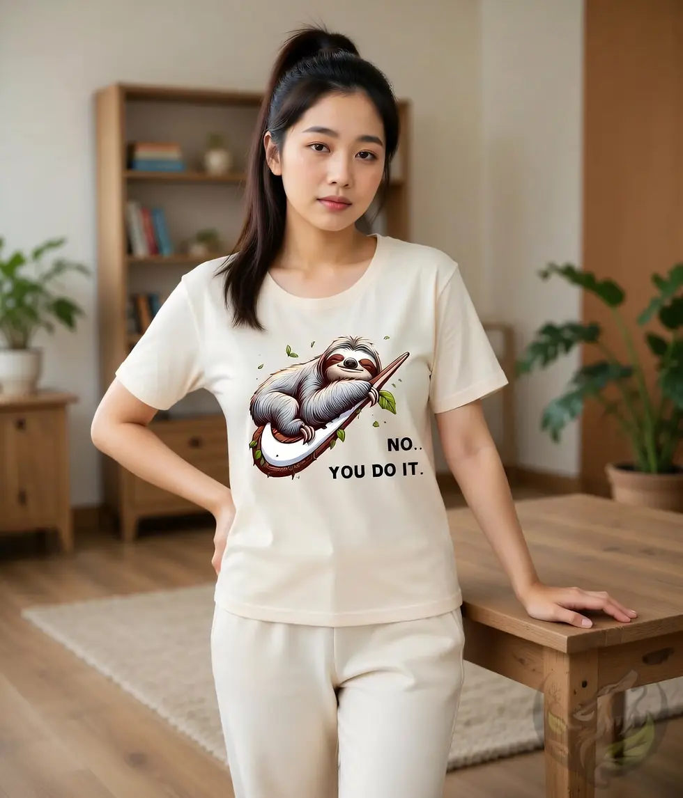 Thumbnail: Woman with long dark hair standing indoors wearing a butter scoop neck t-shirt featuring the humorous "No.. You Do It." sloth