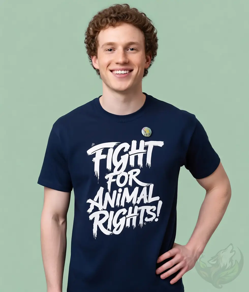 Thumbnail: Navy unisex t-shirt worn by smiling man with curly red hair, "FIGHT FOR ANIMAL RIGHTS!" white brush lettering design.