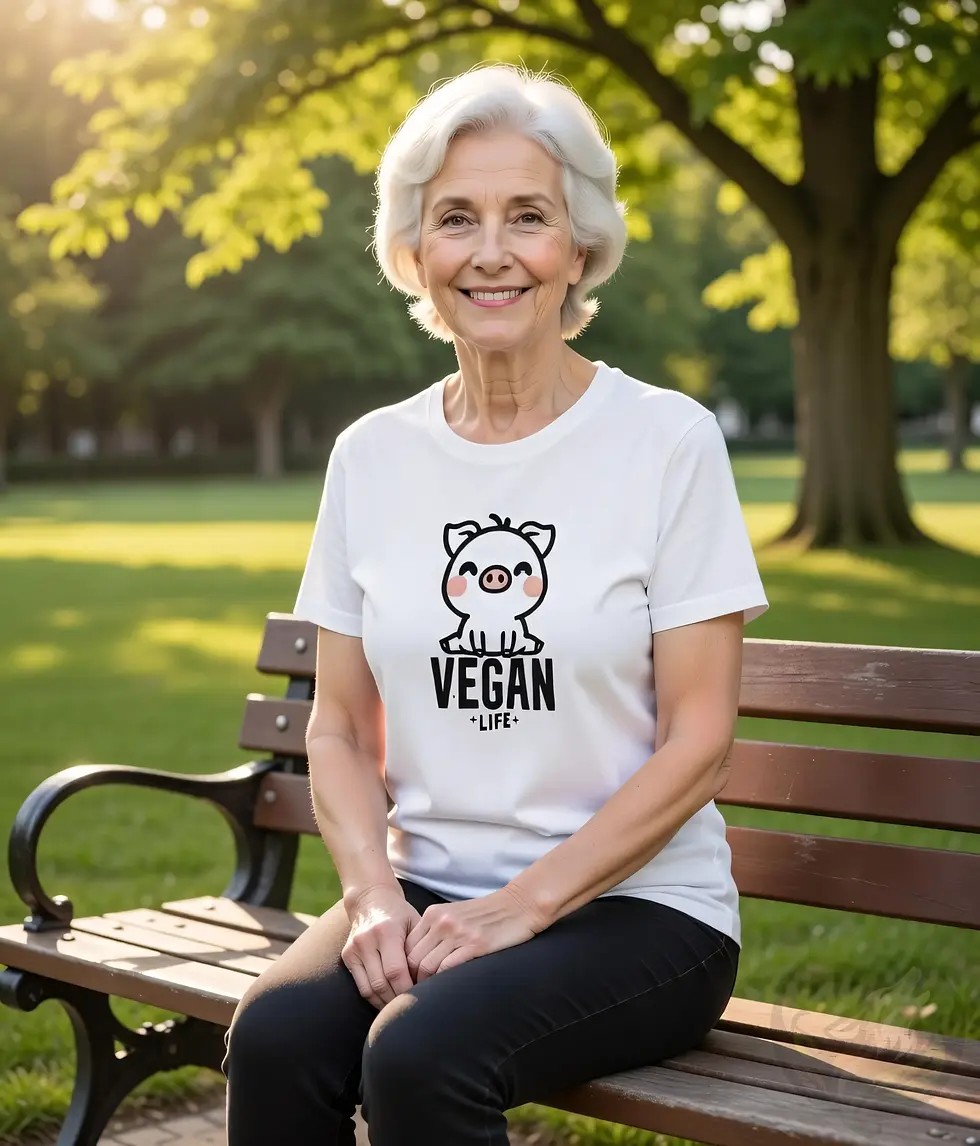 Thumbnail: White fitted tee with Cute Pig Vegan Life design worn while sitting on a sunlit park bench.