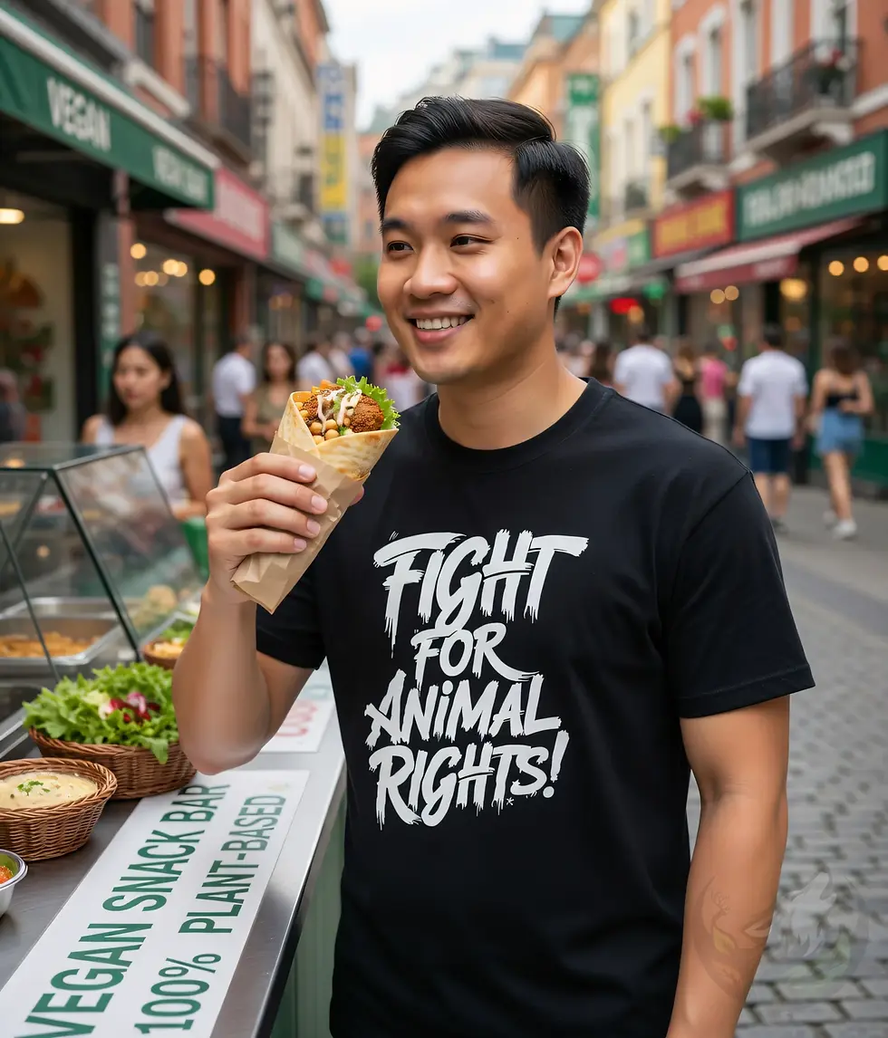 Black unisex t-shirt on smiling man holding food in city street, "FIGHT FOR ANIMAL RIGHTS!" activist design.