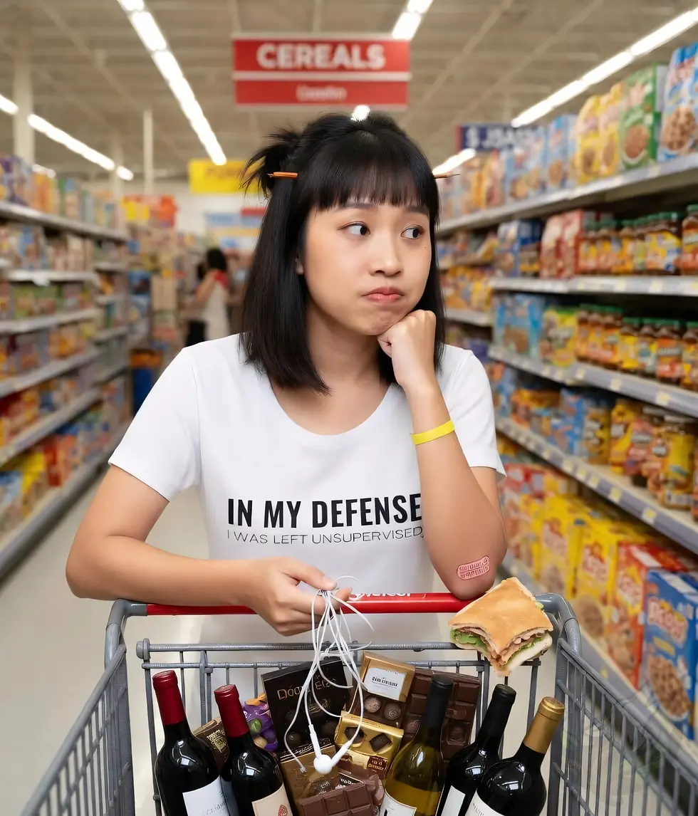 Thumbnail: Woman in grocery store with white scoop neck t-shirt saying "IN MY DEFENSE I WAS LEFT UNSUPERVISED", leaning on shopping cart