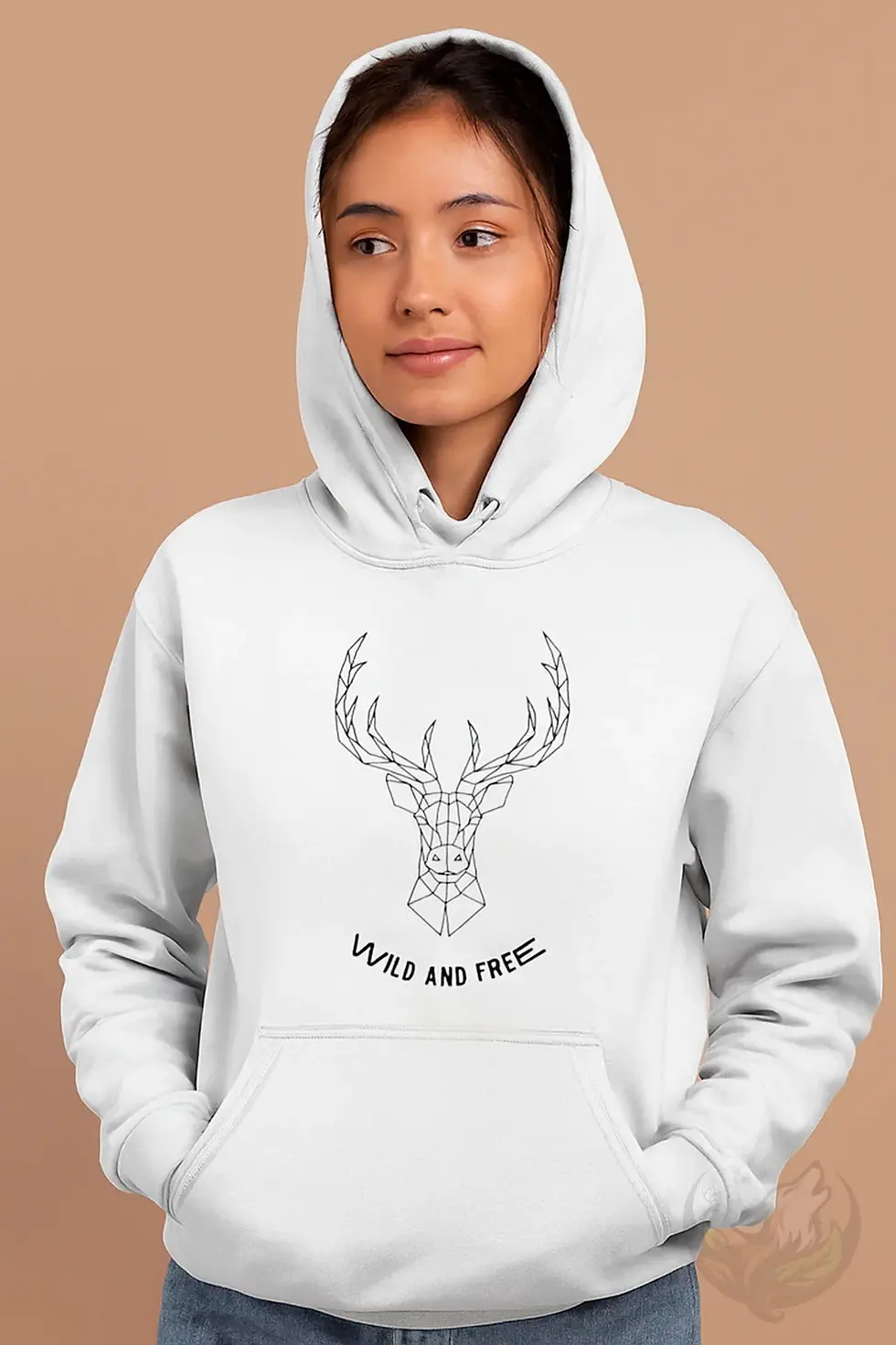 Thumbnail: White unisex hoodie with black geometric deer head illustration and "WILD AND FREE" text below.