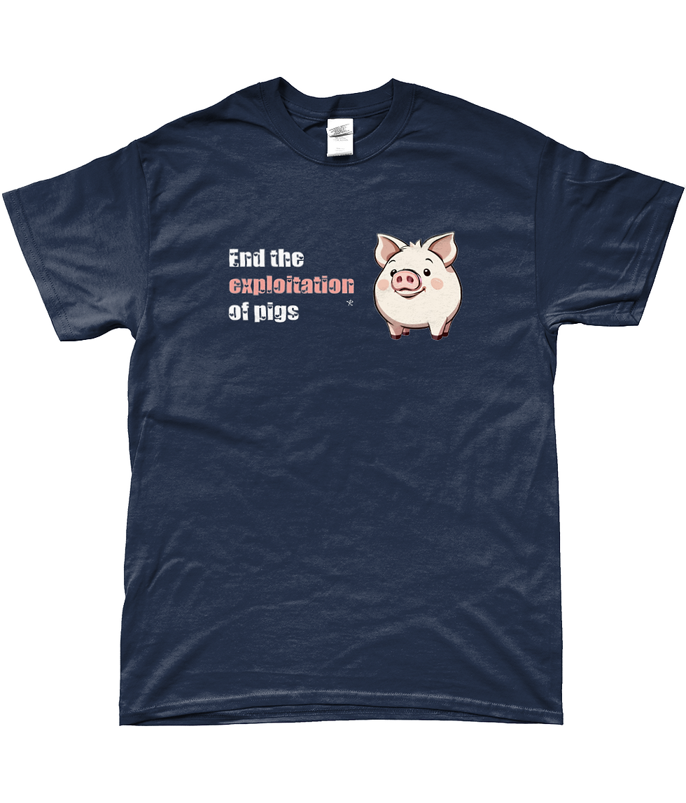 Thumbnail: Navy soft unisex Vegan Quotes End the Exploitation (Pig) shirt featuring a simple pig‑themed design.