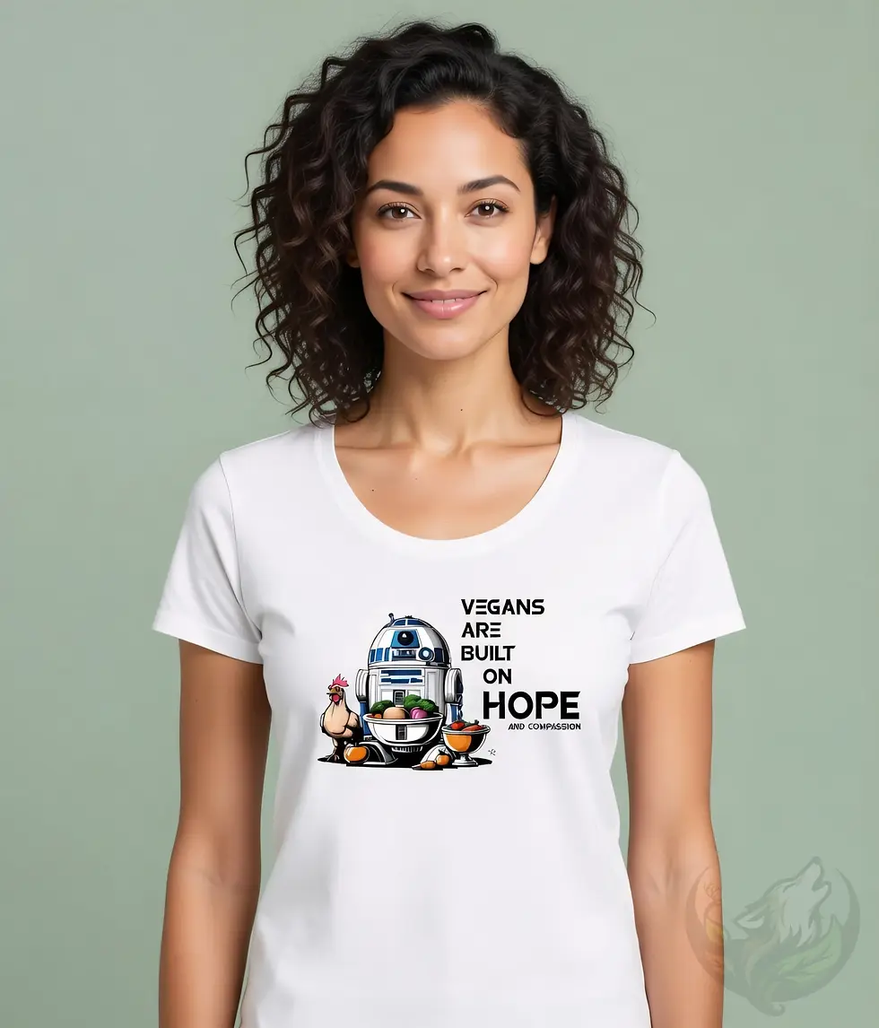Thumbnail: White scoop neck tee with a cartoony R2‑D2‑style robot surrounded by veggies and a hopeful vegan message.