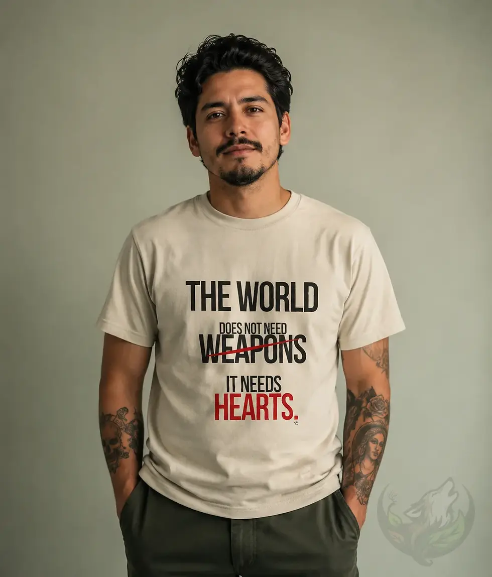 Male model wearing natural unisex The World Needs Hearts humanity shirt in clean studio photo