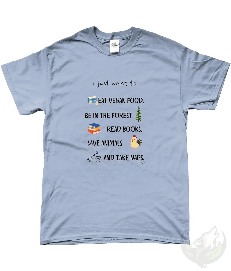 Thumbnail: Light blue unisex t-shirt flat lay with "I Just Want To Eat Vegan Food, Be In The Forest, Read Books..." fun vegan design.
