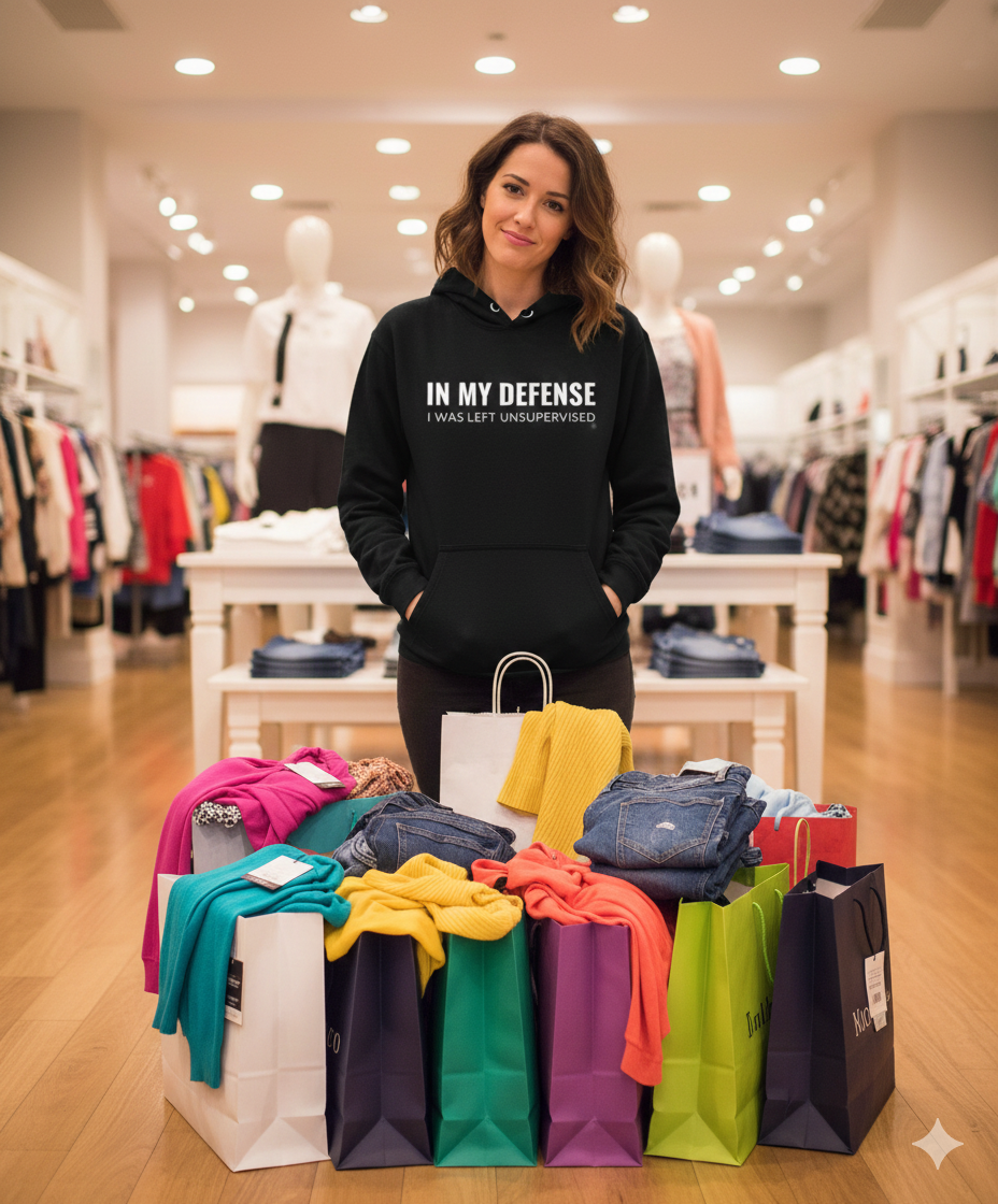 Thumbnail: Relaxed lifestyle shot of a white In My Defense hoodie for women with a bold humorous text graphic.