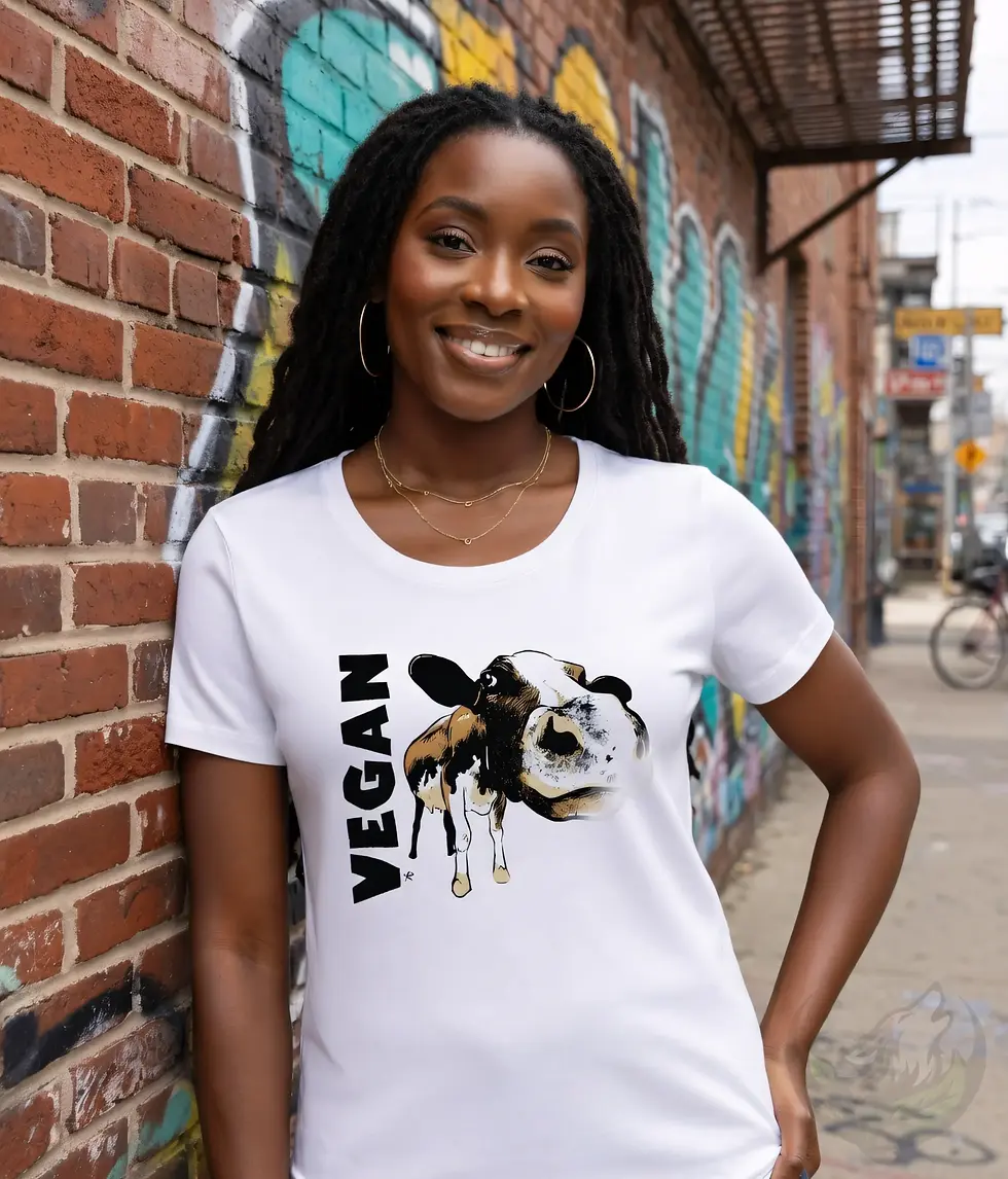 Thumbnail: White tee with a stylized cow illustration and bold vertical “Vegan” text against an urban graffiti wall.