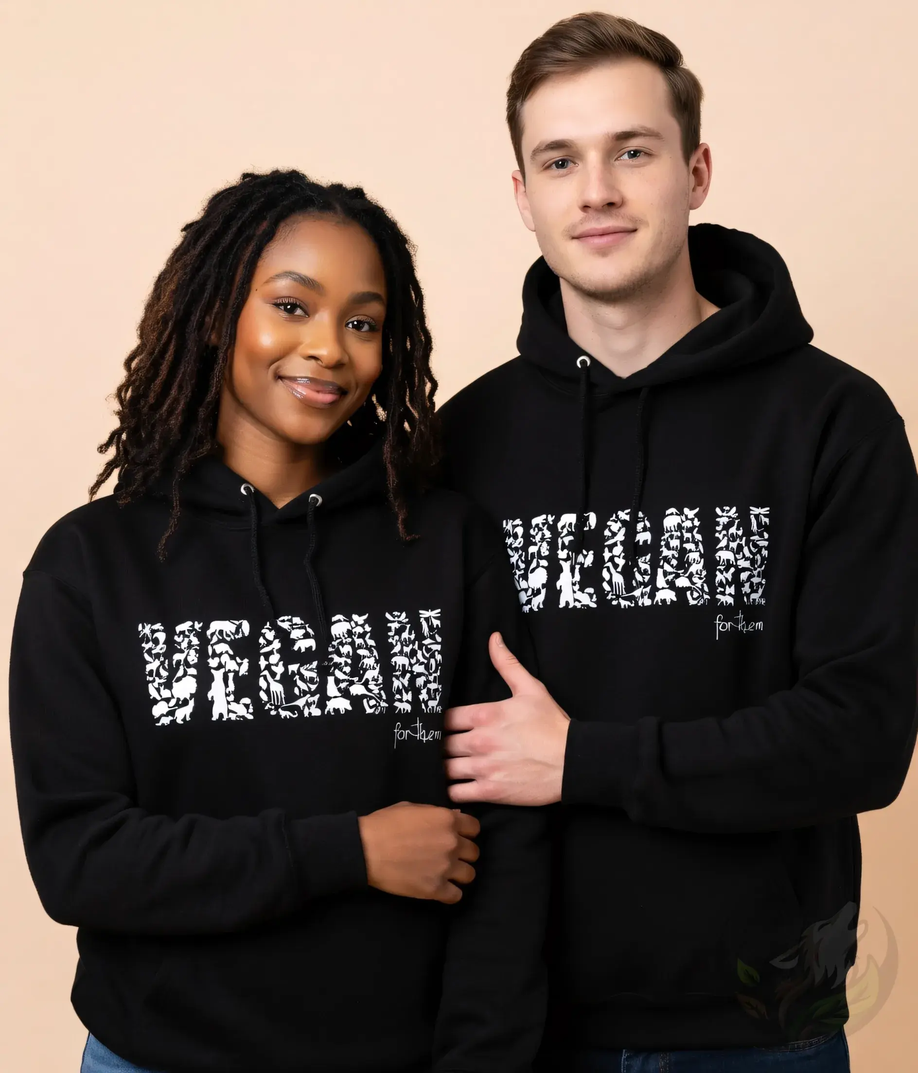 Black unisex hoodie with "VEGAN" text created from black animal silhouettes and "for them" script.
