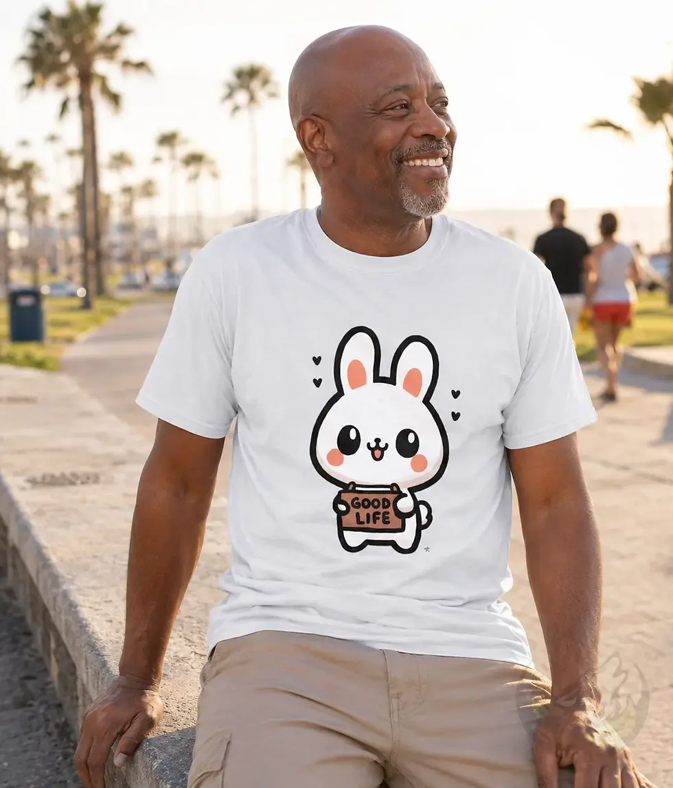 Man wearing white unisex Good Life rabbit cartoon shirt relaxing outdoors in sunny beach lifestyle scene