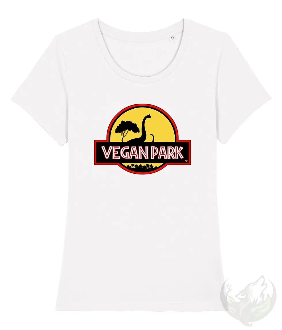Thumbnail: White wide‑neck women’s vegan shirt with the “Vegan Park” dinosaur badge design.