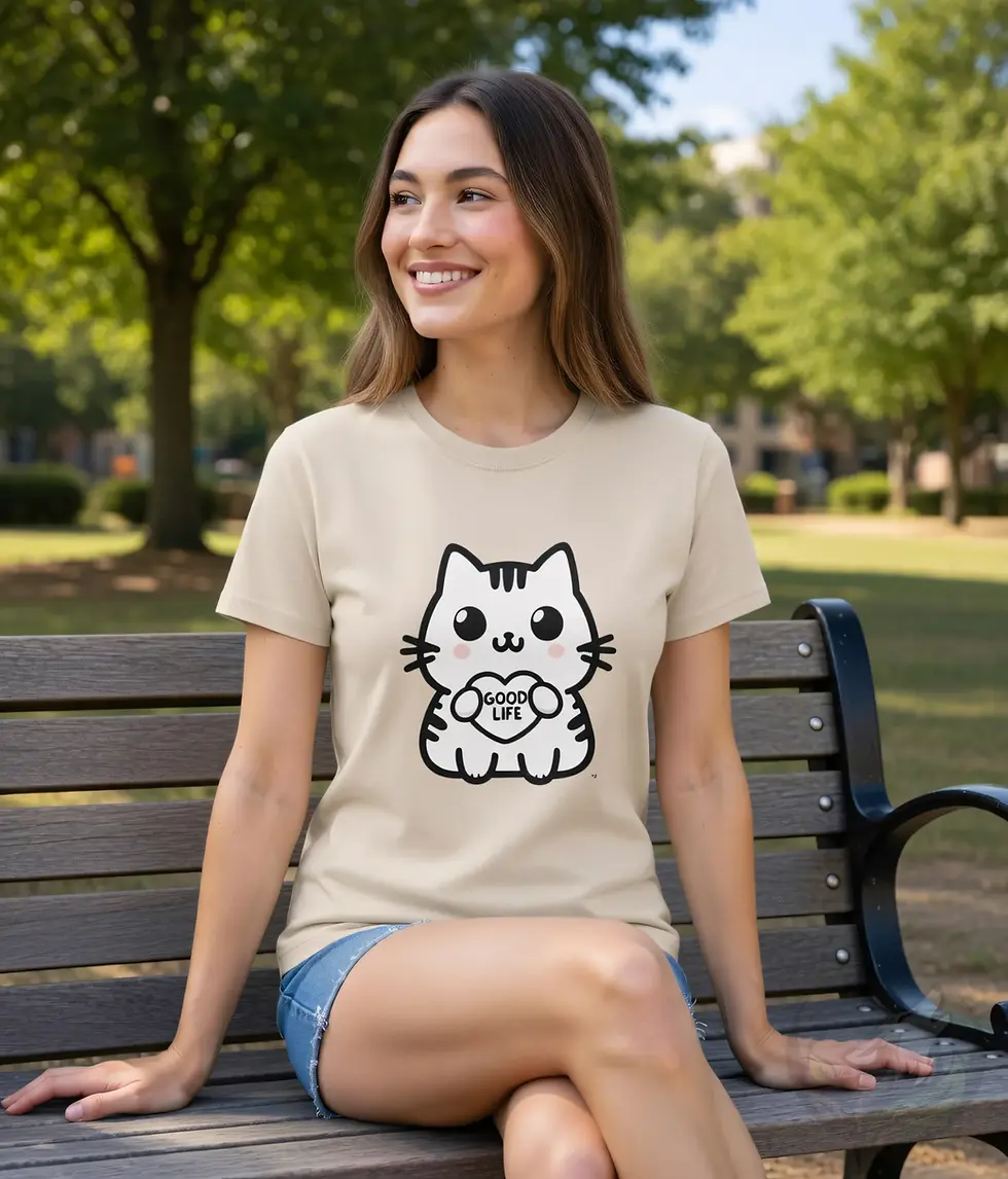 Miniaturbild: Damen-„Good Life“-T-Shirt – Katzendesign – Fitted & Scoop-Neck-Schnitt