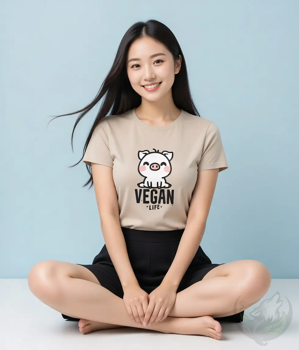 Thumbnail: Sand color scoop neck tee with Cute Pig Vegan Life design shown against a clean light blue background.