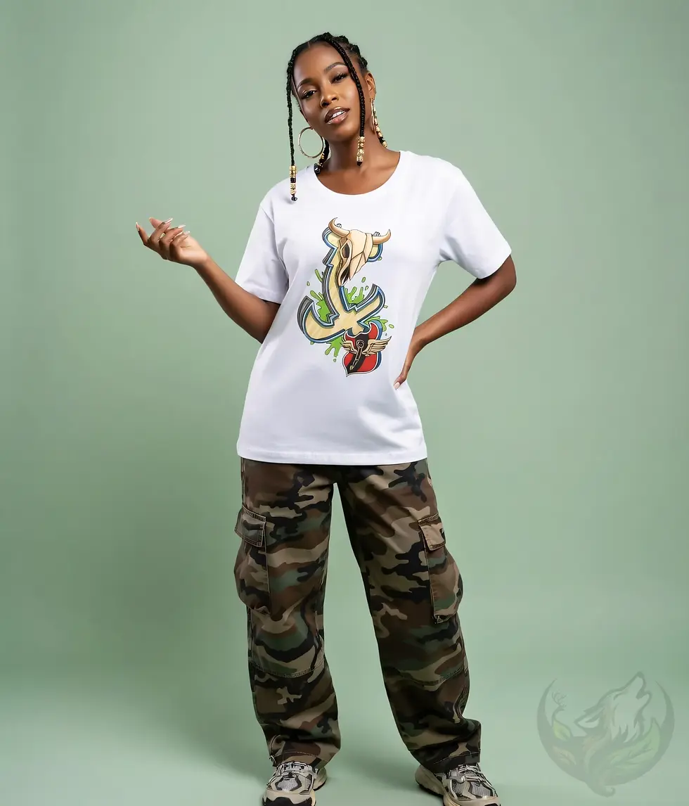 Thumbnail: Woman wearing a white fitted tee featuring Def P’s Twisted Cross skull and abstract motif artwork against a green studio back
