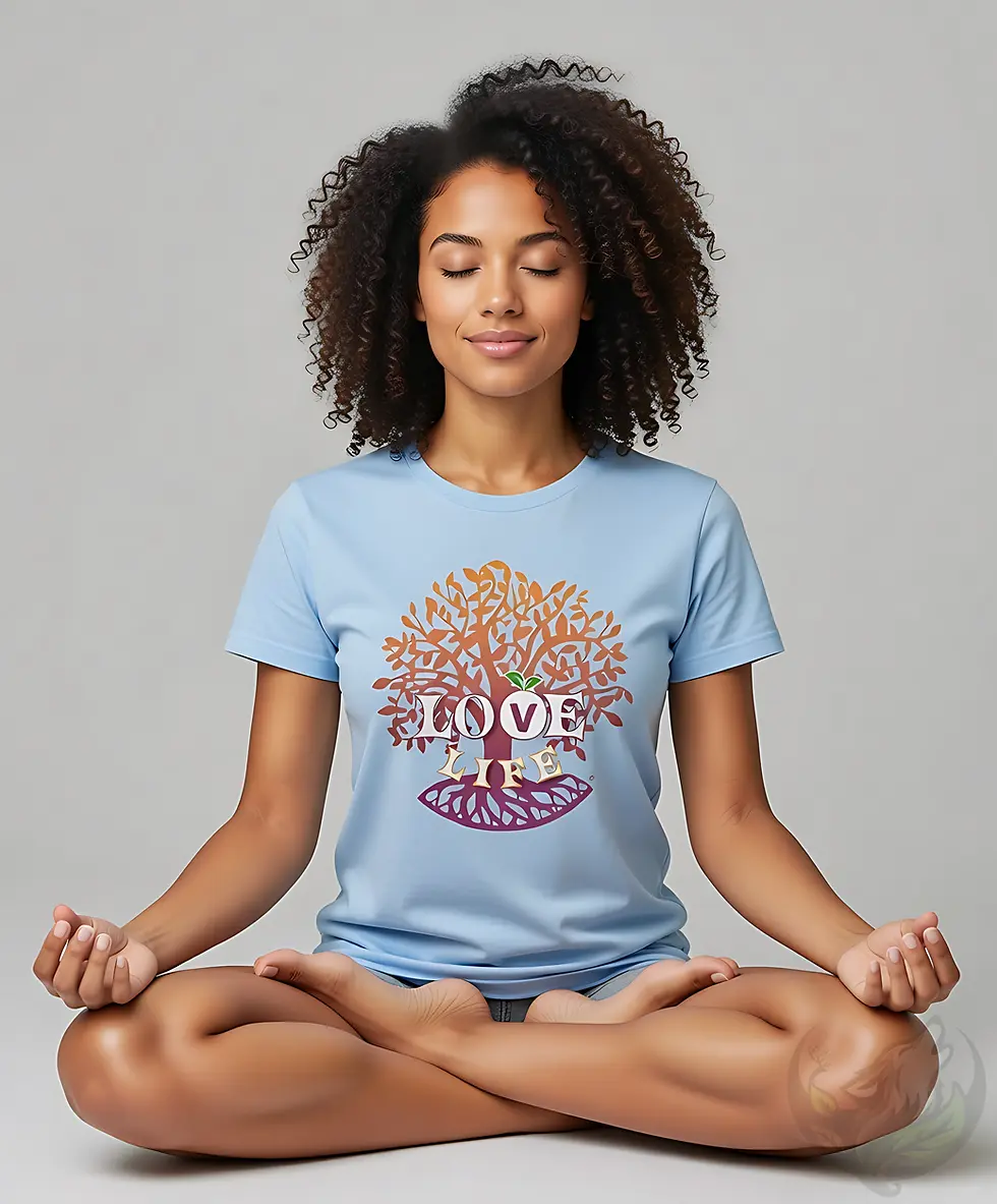 Miniaturbild: Woman with curly hair in light blue fitted t-shirt featuring tree of life and "LOVE LIFE" design.