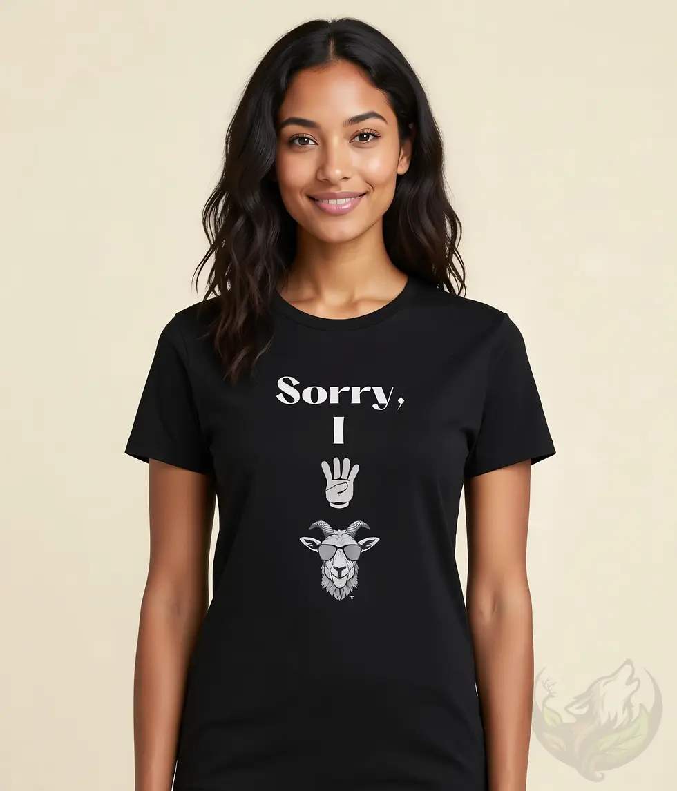 Thumbnail: Woman wearing black fitted t-shirt with witty "Sorry, I 4 goat" goat and hand design.