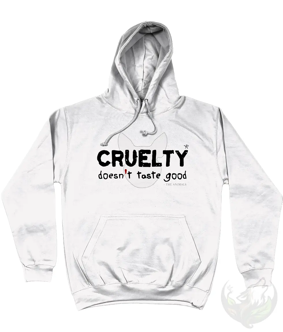 Thumbnail: White unisex hoodie with "CRUELTY doesn't taste good" text inside a cat-shaped outline design.
