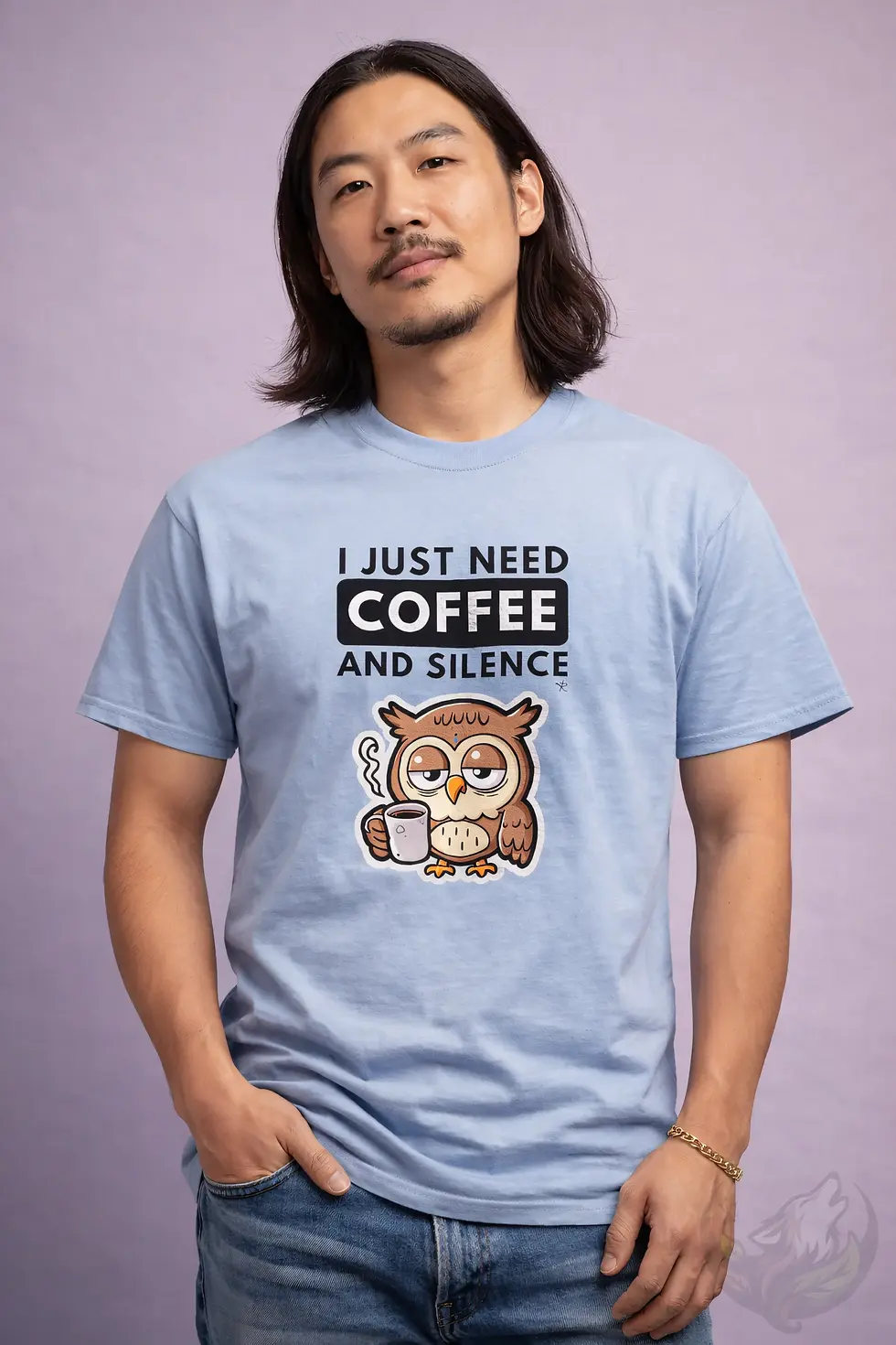 Men wearing light blue coffee and silence owl T-shirt in studio with funny introvert coffee design