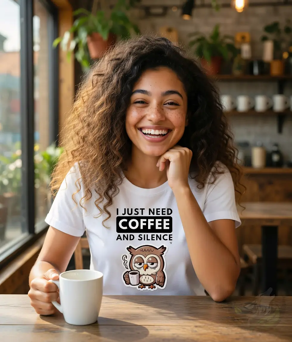 Thumbnail: Woman in white scoop neck t-shirt with cute sleepy owl graphic and "I just need coffee and silence" text.