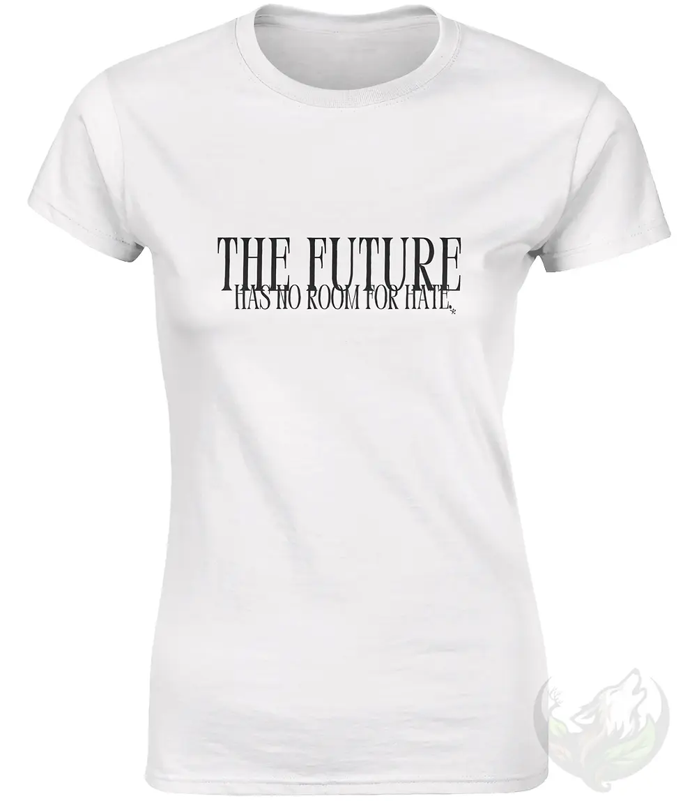 Miniaturbild: Fitted white women's t-shirt with bold text "THE FUTURE HAS NO ROOM FOR HATE." printed on the chest. Scoop neck, short sleeve