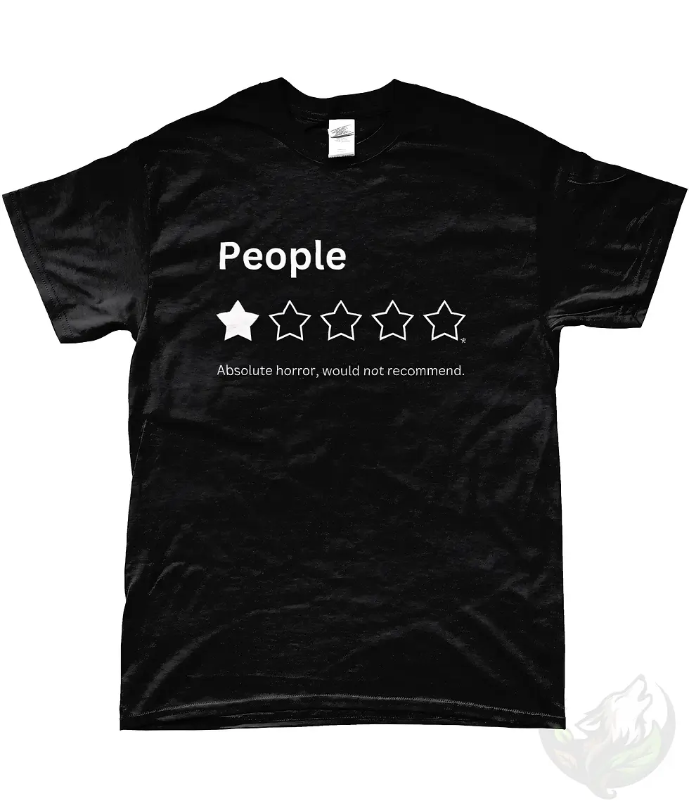 Thumbnail: Black unisex T-shirt flat lay featuring “People” one-star rating print with humorous introvert design