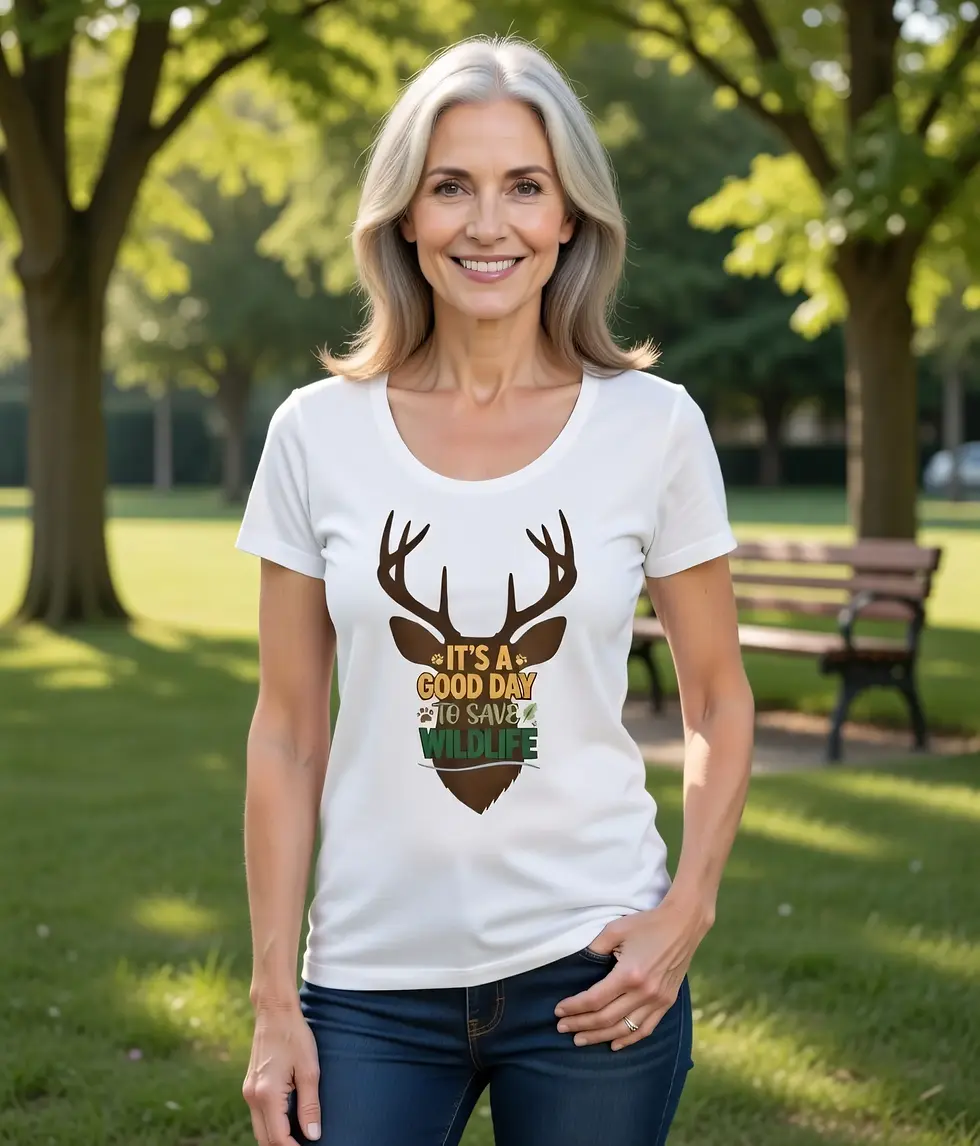 Thumbnail: Model wearing a white scoop neck shirt featuring warm wildlife text inside a deer silhouette.