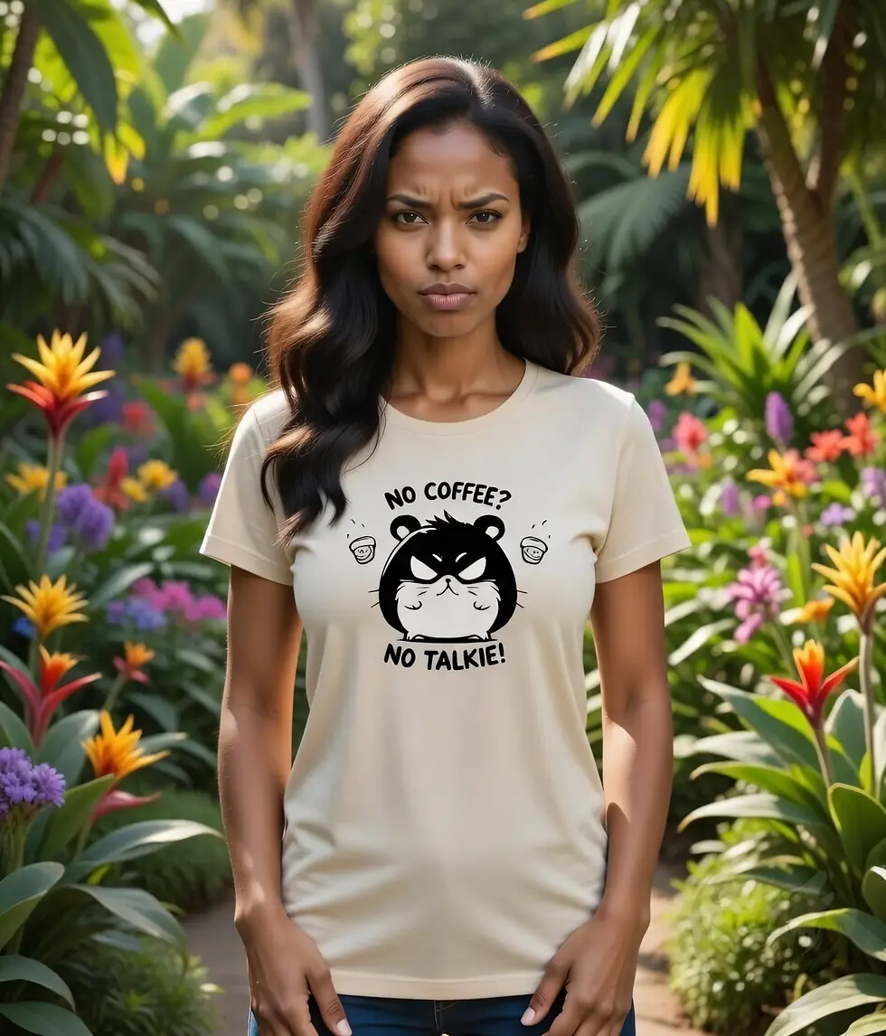 Thumbnail: Woman standing in garden wearing natural scoop neck t-shirt with angry hamster graphic and "NO COFFEE? NO TALKIE!" text.