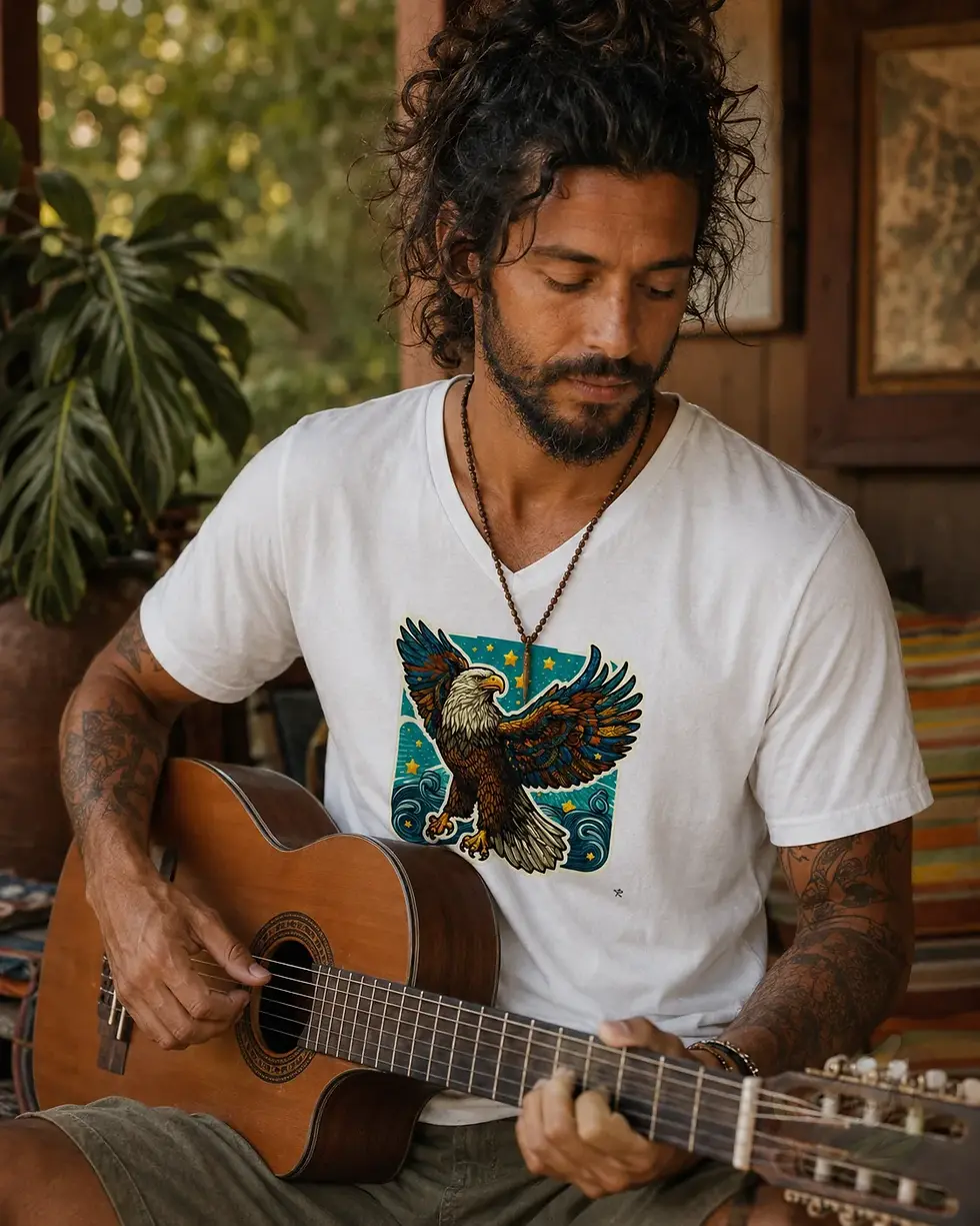 Thumbnail: White V-neck eagle pixels shirt worn while playing guitar, relaxed lifestyle with colorful eagle artwork