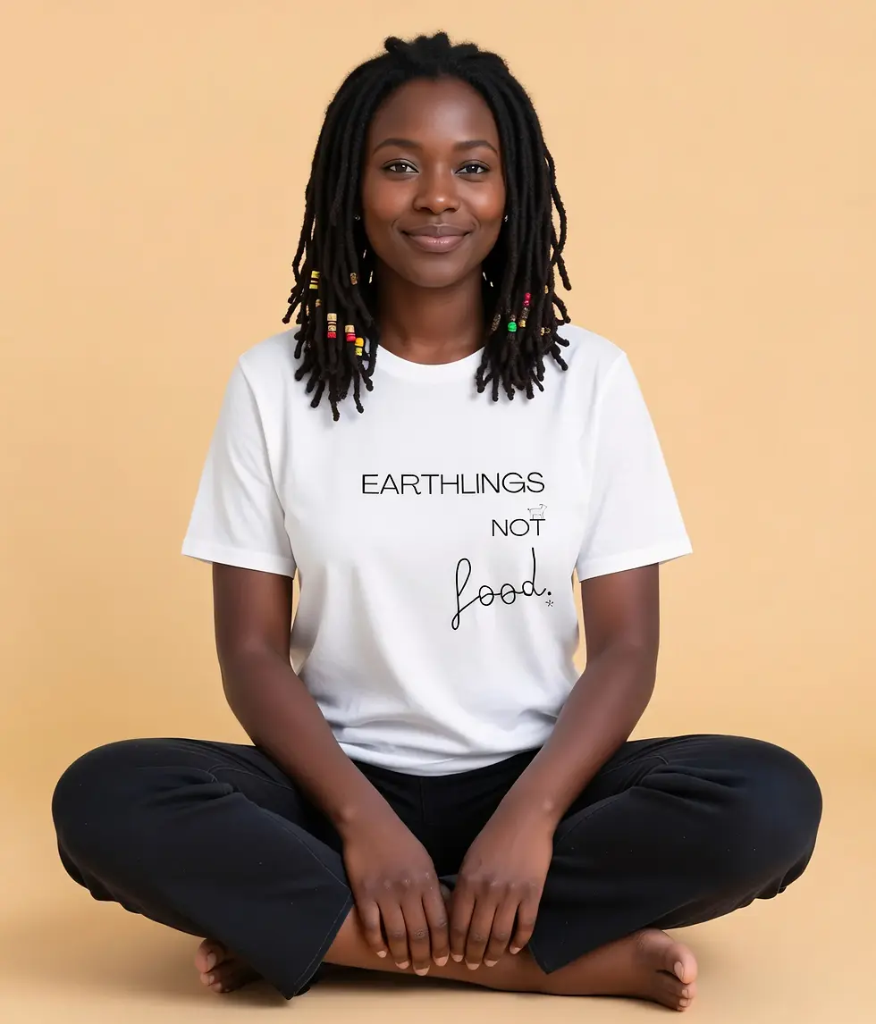 Thumbnail: White shirt with bold text reading “Earthlings not food” in a minimalist vegan advocacy design, worn while sitting cross‑legg
