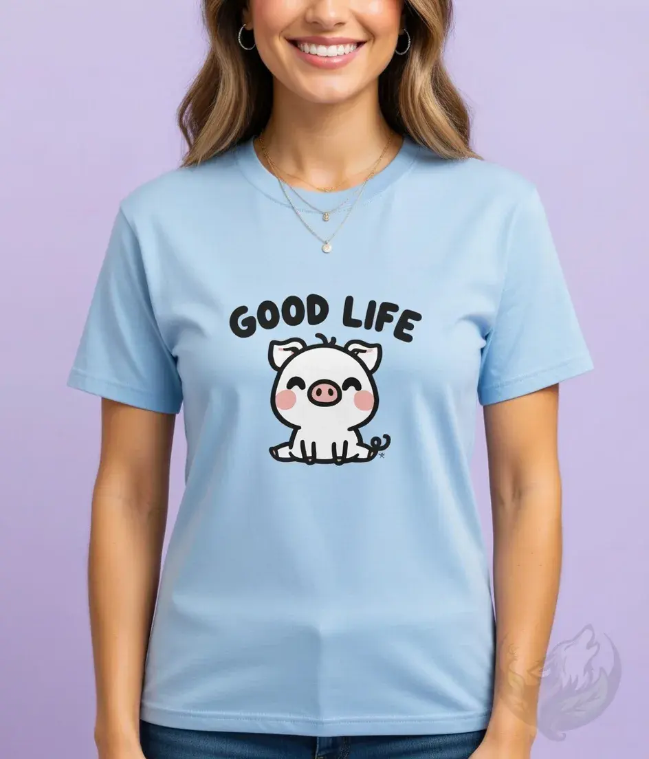 Thumbnail: ALT: Light blue fitted women’s T‑shirt featuring a cute cartoon pig with pink cheeks sitting upright, with the bold text “GOO