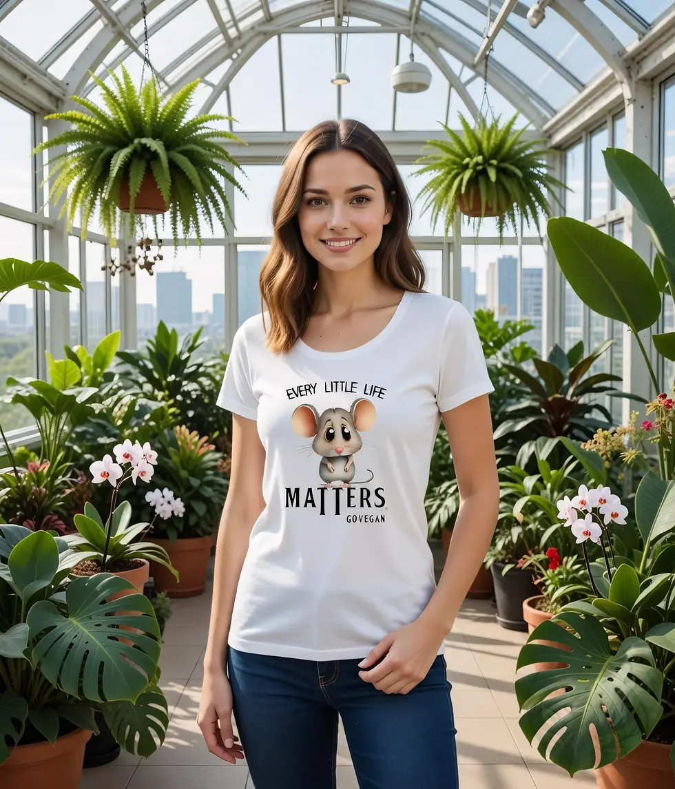 Thumbnail: White scoop‑neck tee with the Vegan Quotes “Little Lives Matter” design worn in a greenhouse setting.