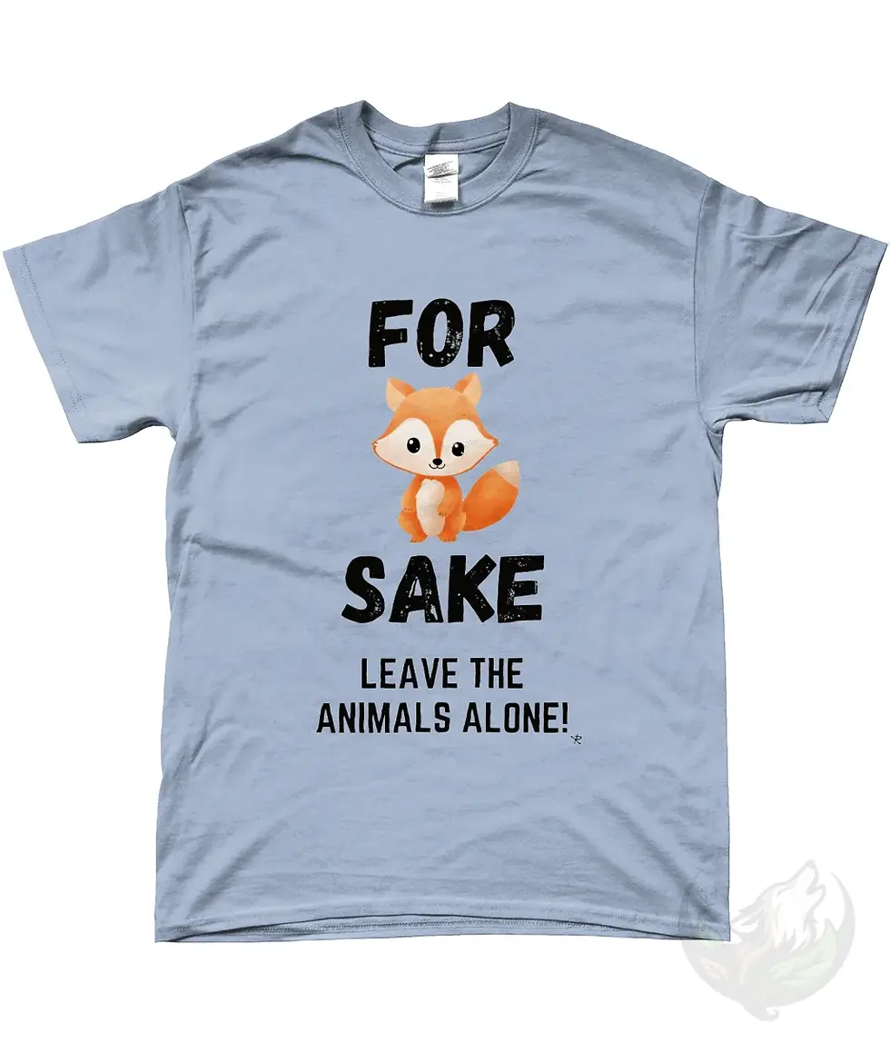 Thumbnail: Light blue unisex t-shirt flat lay with cute fox and text "FOR FOX SAKE LEAVE THE ANIMALS ALONE!".