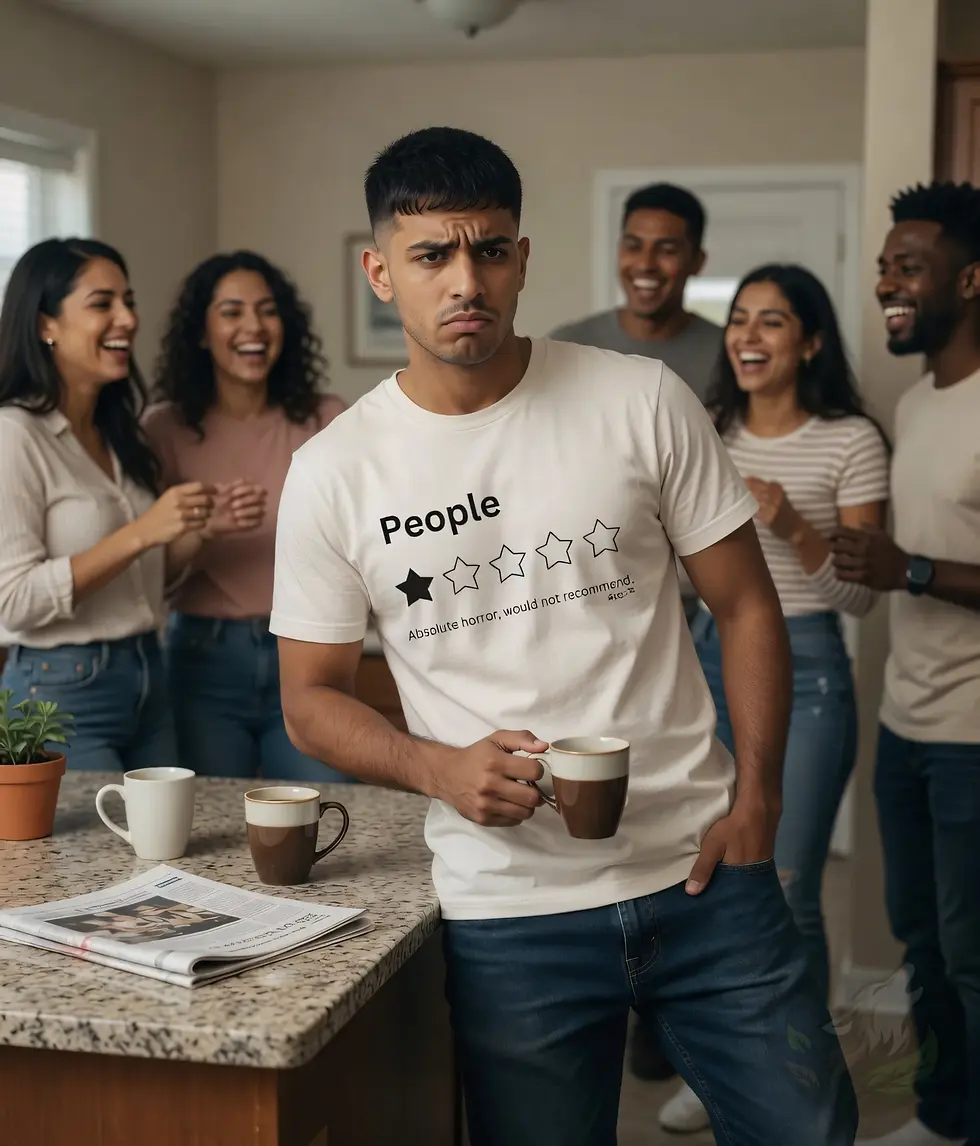 Thumbnail: Man wearing white unisex people rating shirt, funny introvert design during uncomfortable group moment