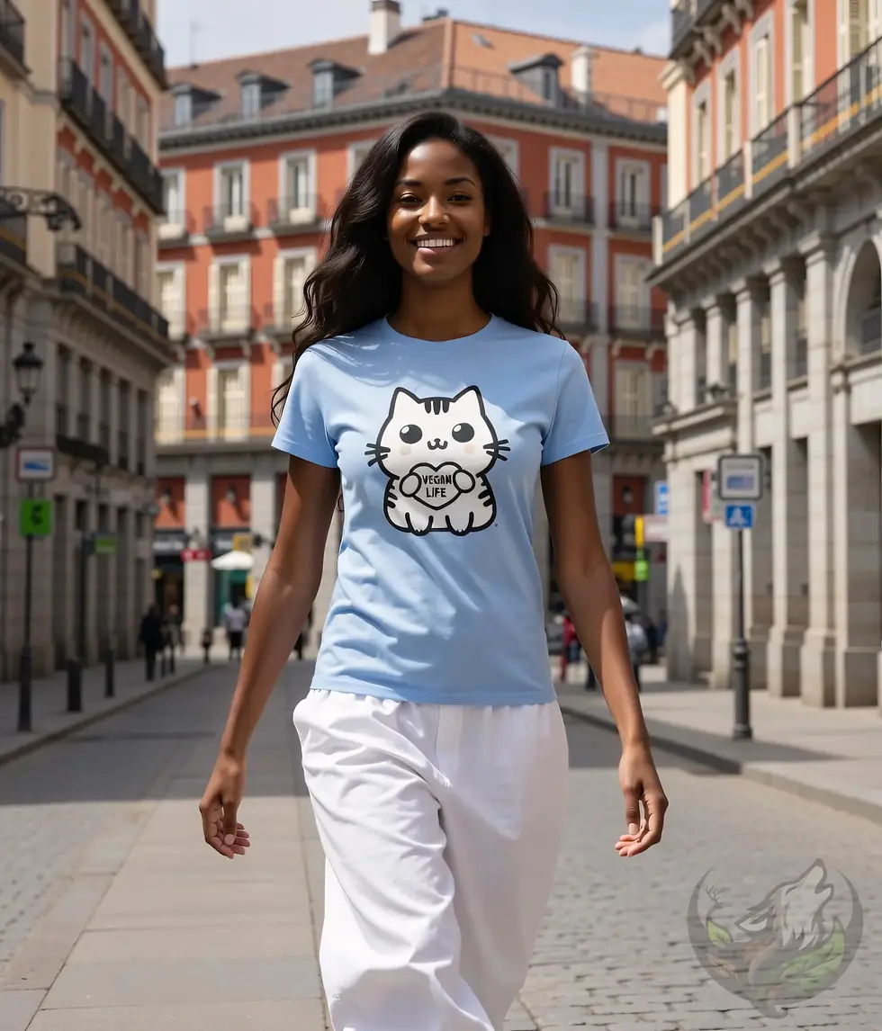 Thumbnail: Light blue fitted tee with Cute Cat Vegan Life design worn while walking down a sunny cobblestone street.