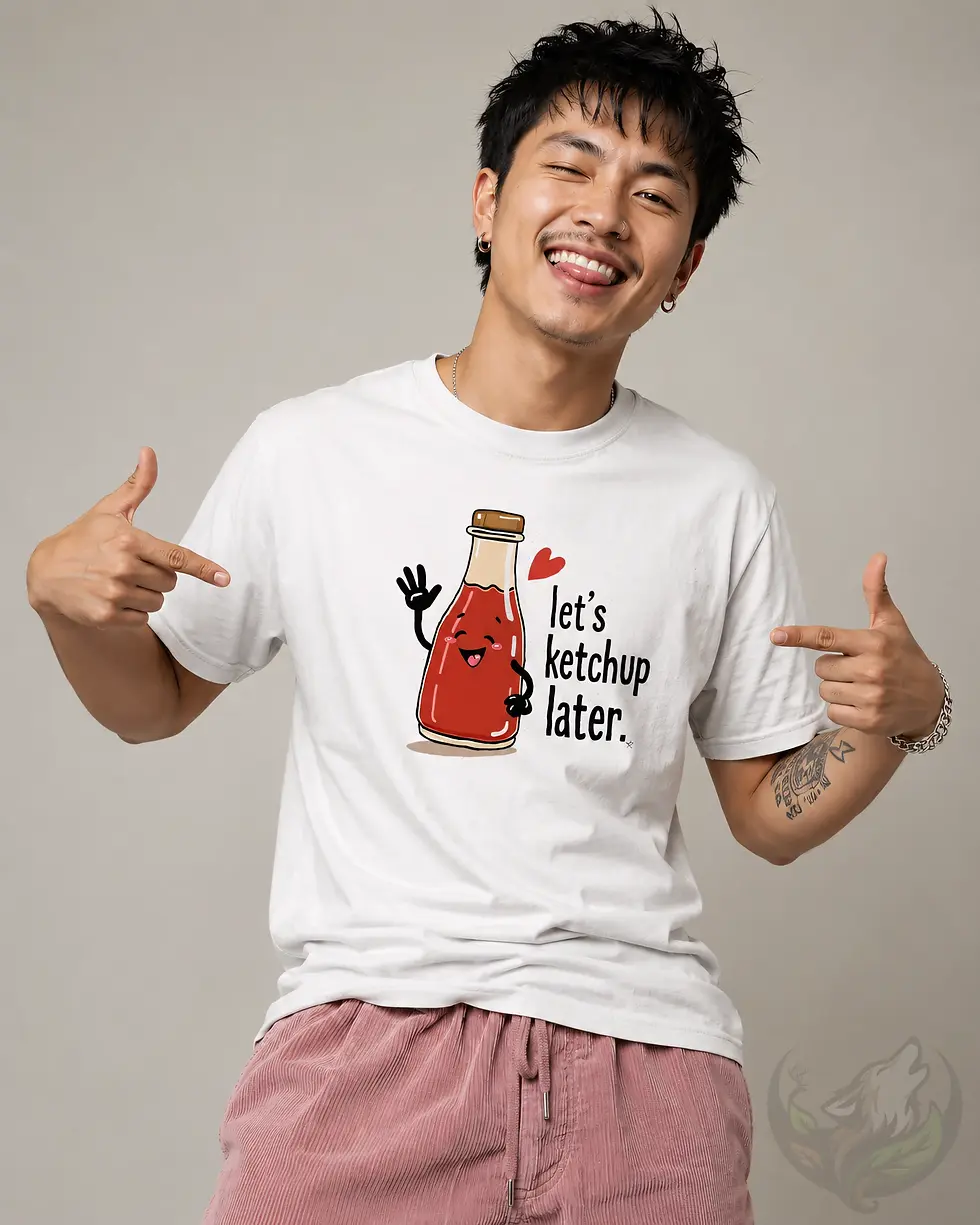 Thumbnail: Smiling East Asian male model pointing at white Let's Ketchup Later funny ketchup pun t-shirt
