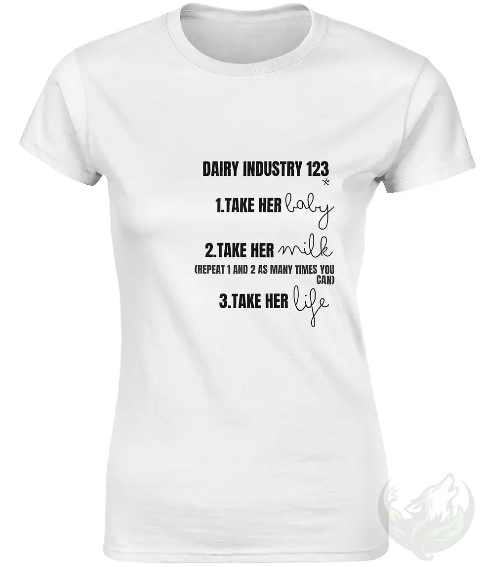 Thumbnail: White fitted tee with the Vegan Quotes “Dairy 1 2 3” design shown in a clean front view.