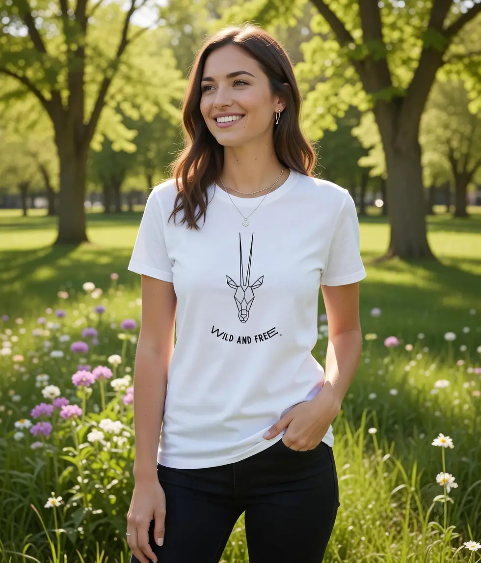 White fitted tee with geometric antelope Wild and Free design worn on a scenic nature trail with trees and sunlight.