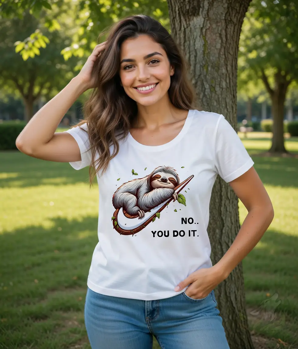 Thumbnail: Smiling woman with long brown hair standing outdoors wearing a white scoop neck t-shirt with "No.. You Do It." sloth design.
