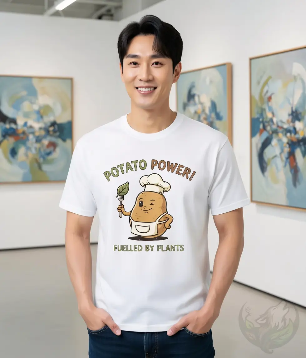 White unisex t-shirt on smiling man in art gallery, "Potato Power! Fuelled By Plants" cartoon illustration.