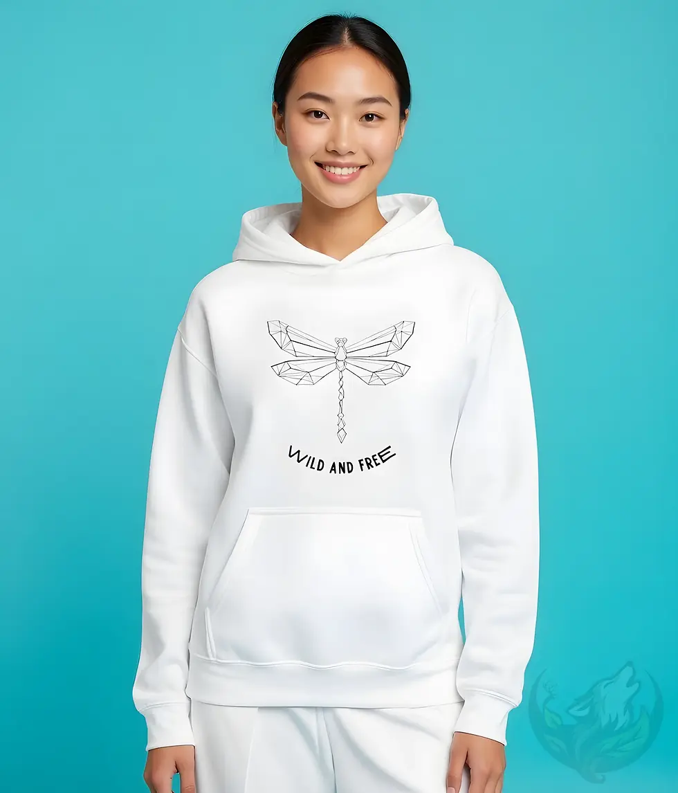 Thumbnail: White unisex hoodie showing black geometric dragonfly graphic and "WILD AND FREE" slogan.