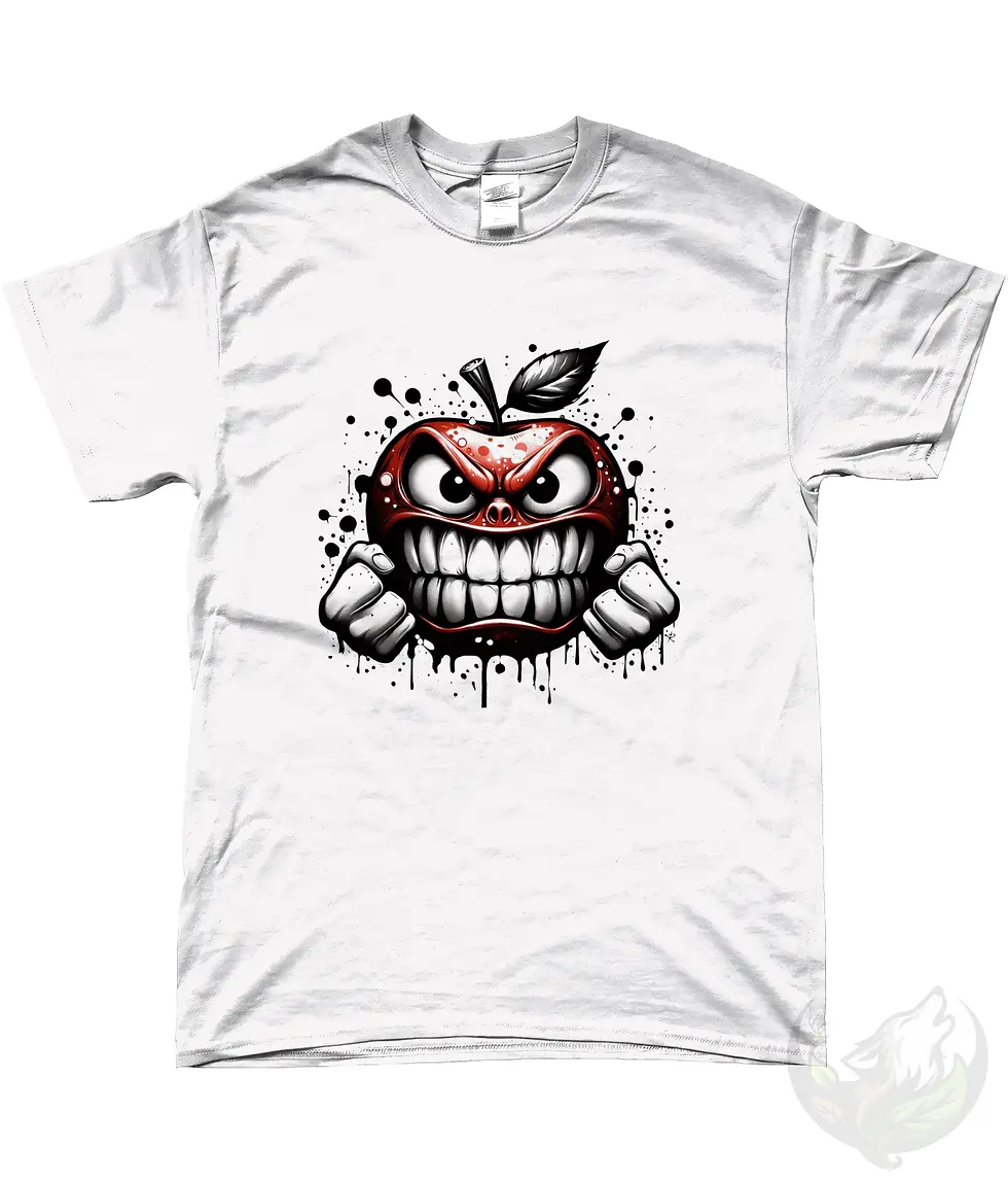 Thumbnail: White shirt featuring an angry red apple graffiti design with large teeth, expressive eyes, clenched fists and black dripping