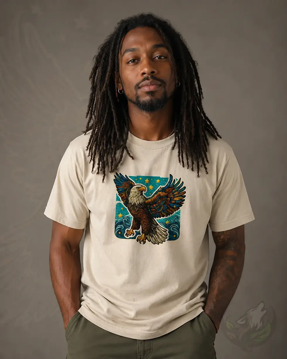 Natural unisex eagle pixels shirt worn by man with dreadlocks in studio, colorful bird design on front