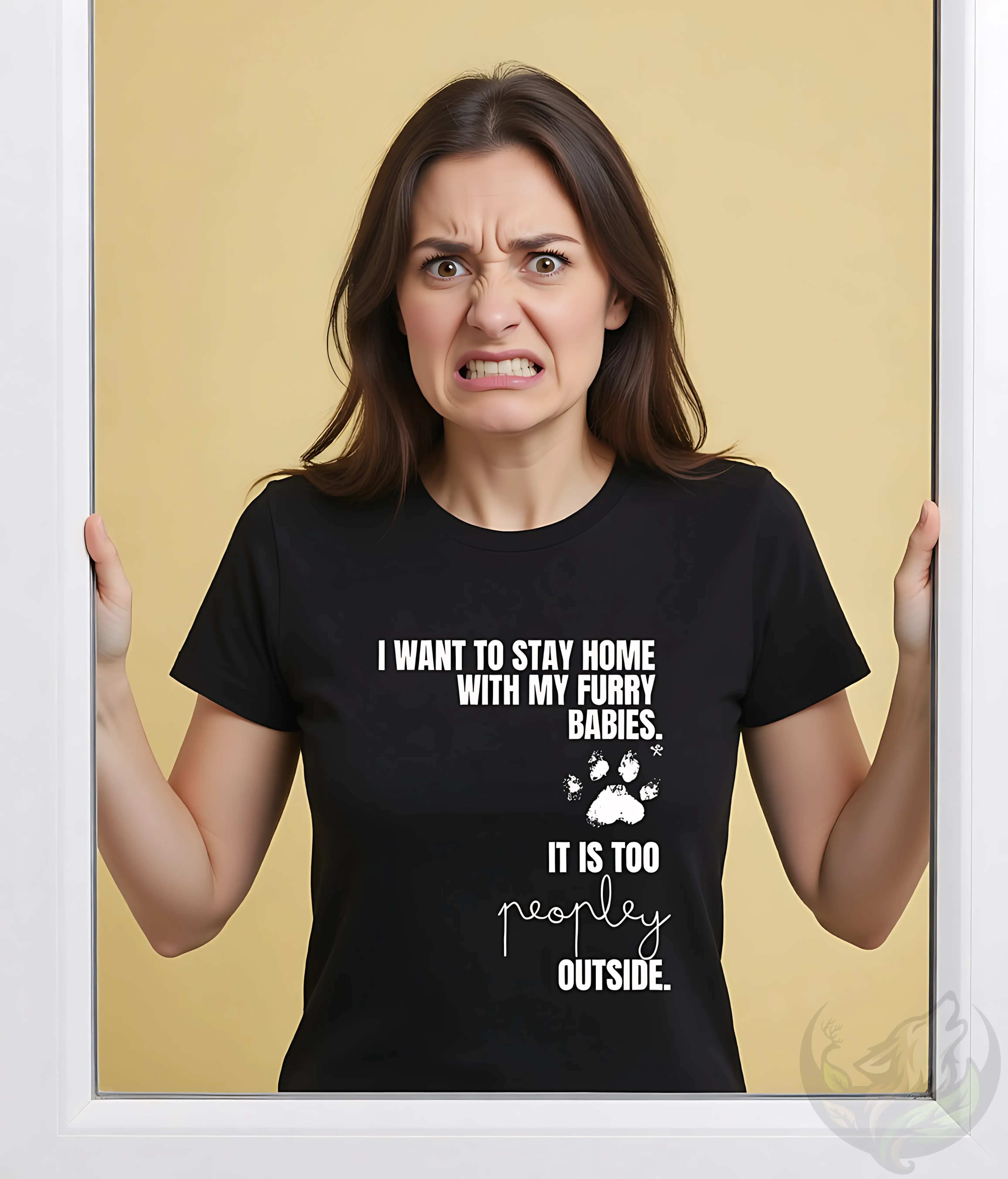 Woman making funny face in black fitted t-shirt featuring text "I want to stay home with my furry babies. It is too peopley o