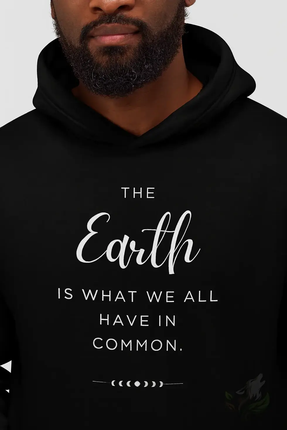Miniaturbild: Black unisex Earth In Common environmental hoodie close up showing inspirational quote design