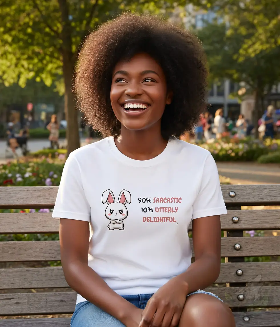 Woman in white fitted t-shirt with cute angry bunny and funny text "90% sarcastic 10% utterly delightful".